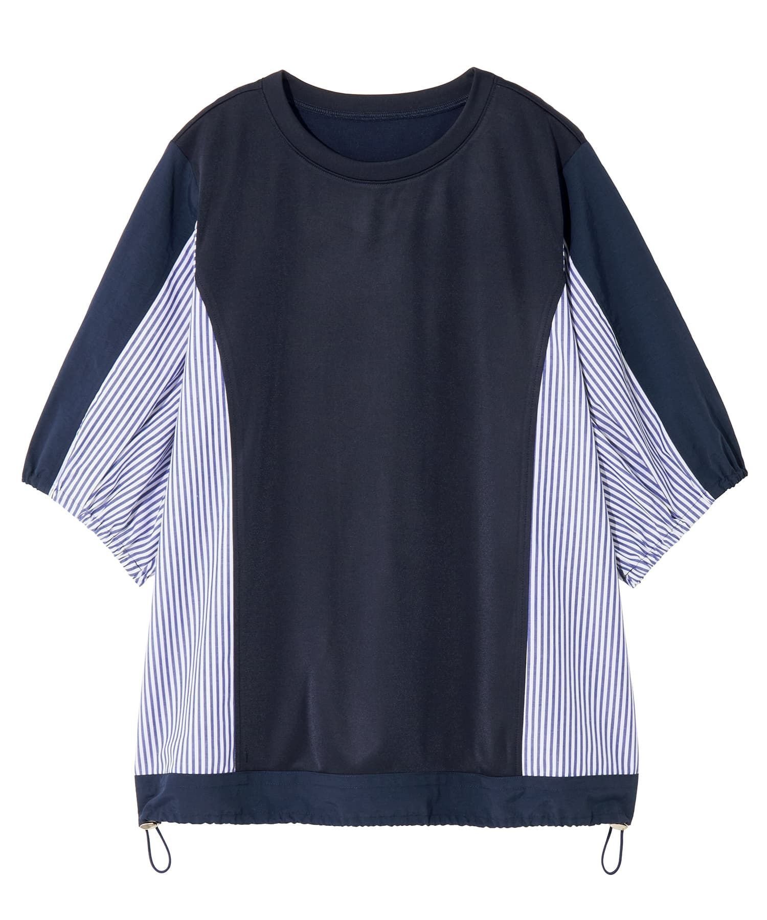 【レリアン/LEILIAN】のストライプ切替モックネックカットソー【MUSE BY ROCHAS Premiere】 インテリア・キッズ・メンズ・レディースファッション・服の通販 founy(ファウニー) 　ファッション　Fashion　レディースファッション　Fashion for Women　トップス・カットソー　Cut & Sew Tops　カットソー・ベーシックTシャツ　Cut-and-Sewn Tops / Stretch Tees & Basics　ウォッシャブル　Machine Washable　カットソー　Cut and Sewn Top　切替　Switching, Contrast Panel　ストライプ　Stripe, Striped Pattern　ドローコード　Drawcord, Drawstring Cord　フォルム　Silhouette, Form　ポケット　Pocket, Pocket Detail　モダン　Modern, Contemporary　リラックス　Relax, Relaxed Fit　夏　Summer　ネイビー|ID: prp329100004978960 ipo3291000000037311399