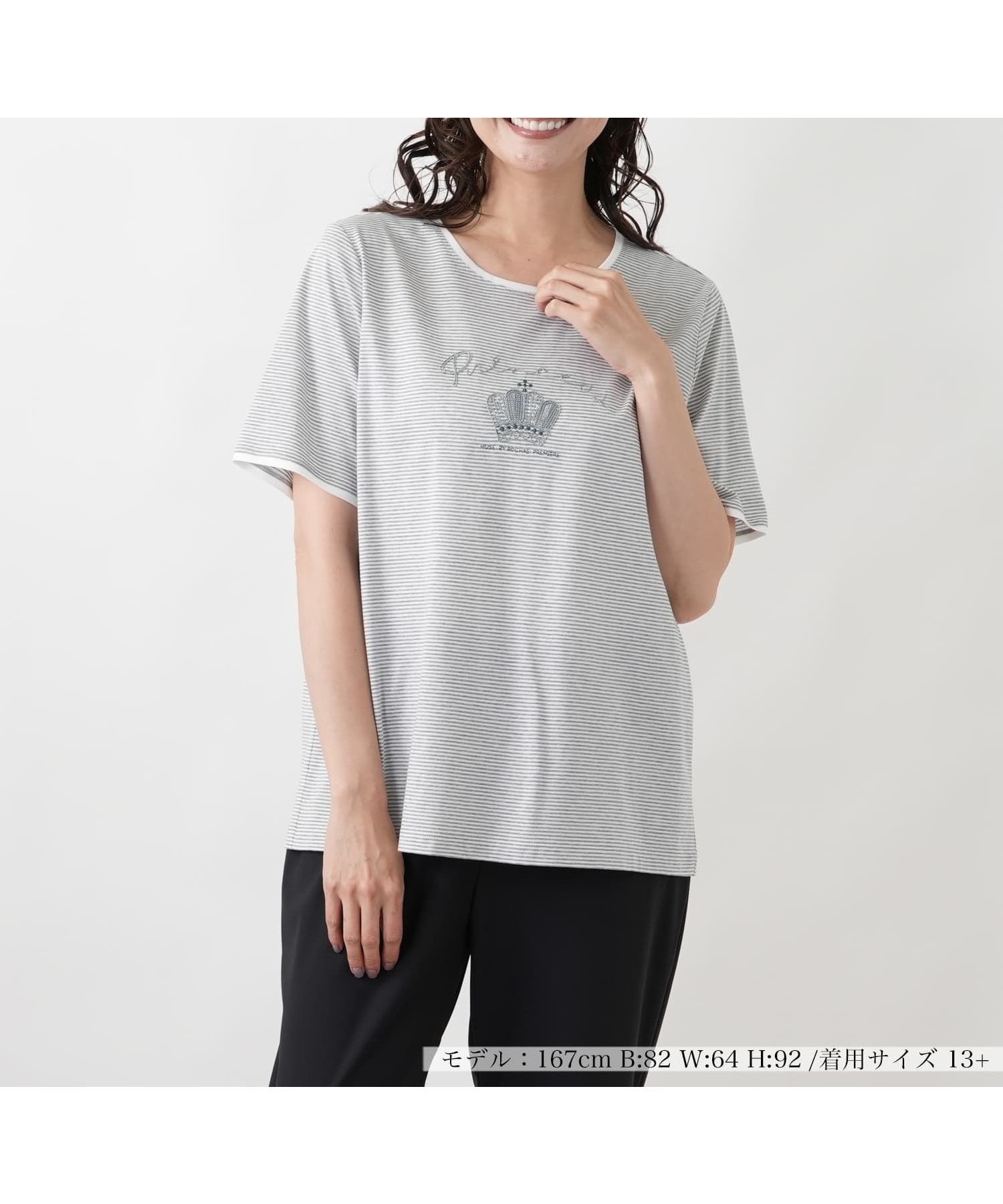 【レリアンプラスハウス/Leilian PLUS HOUSE】のカットソー【MUSE BY ROCHAS Premiere】 インテリア・キッズ・メンズ・レディースファッション・服の通販 founy(ファウニー) 　ファッション　Fashion　レディースファッション　Fashion for Women　トップス・カットソー　Cut & Sew Tops　カットソー・ベーシックTシャツ　Cut-and-Sewn Tops / Stretch Tees & Basics　ウォッシャブル　Machine Washable　カットソー　Cut and Sewn Top　デニム　Denim, Jeans Material　定番　Standard, Basic Item　フレンチ　French, French Style　ボーダー　Border, Stripe　ポケット　Pocket, Pocket Detail　半袖　Short Sleeve, Half Sleeve　夏　Summer　ライトグレー|ID: prp329100004978995 ipo3291000000037311546