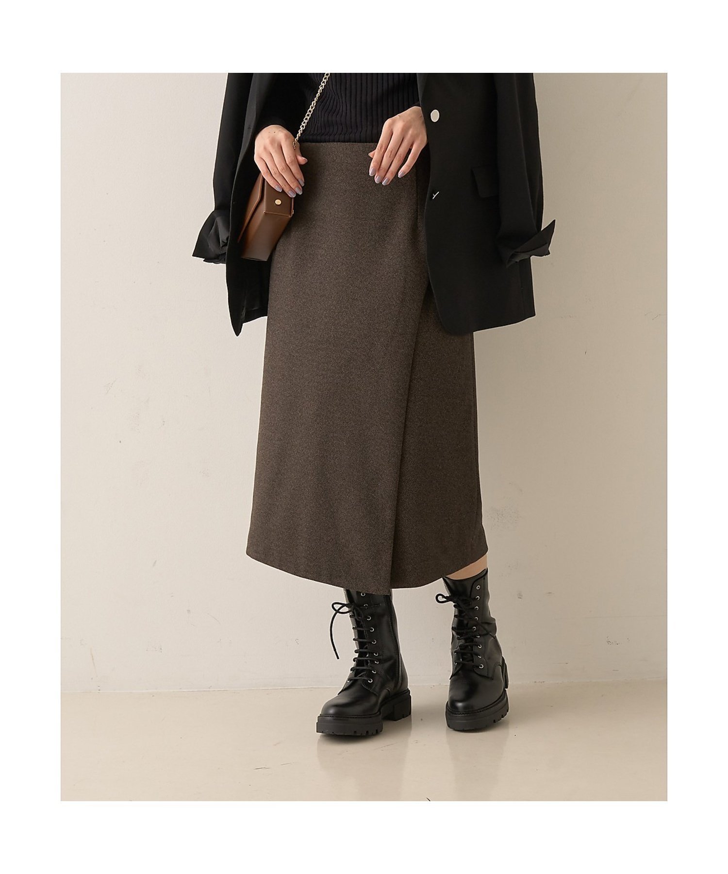 【ルージュヴィフラクレ/Rouge vif la cle】のウールライクデザインスカート インテリア・キッズ・メンズ・レディースファッション・服の通販 founy(ファウニー) 　ファッション　Fashion　レディースファッション　Fashion for Women　スカート　Skirts　おすすめ　Recommended / Our Picks　シンプル　Simple, Minimal　ジャケット　Jacket, Outerwear　スウェット / スエット　Sweatshirt, Sweatwear　ストレッチ　Stretch, Stretchy Fabric　ストレート　Straight, Straight Cut　バランス　Balance, Style Balance　ラップ　Wrap, Wrap Design　洗える　Machine Washable　A/W・秋冬　Autumn/Winter　ブラウン|ID: prp329100004979248 ipo3291000000037312490