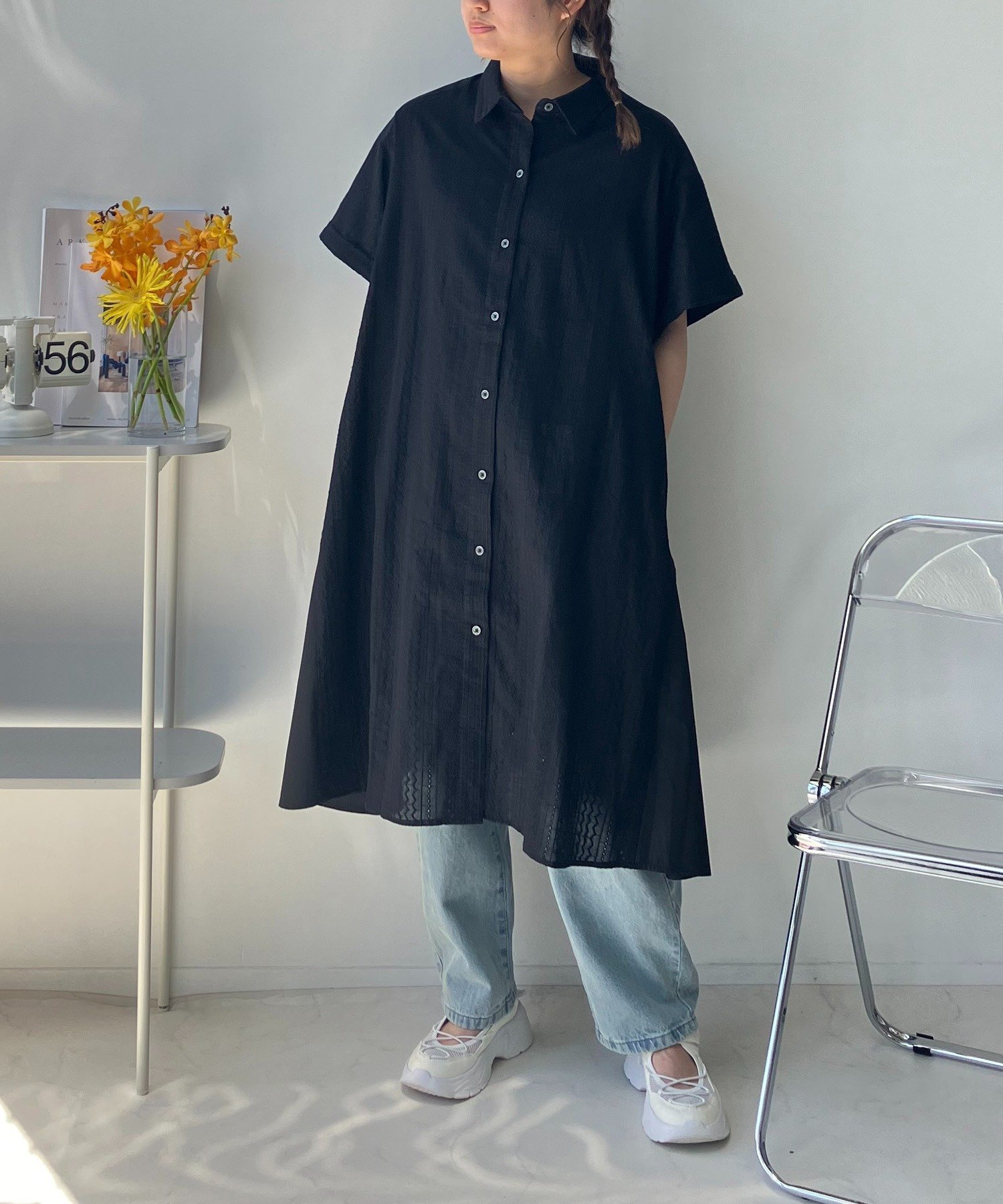 【アズノウアズ プラス/AS KNOW AS plus】の○『体型カバー』『ゆったりサイズ』異素材MIX半袖シャツワンピース インテリア・キッズ・メンズ・レディースファッション・服の通販 founy(ファウニー) 　ファッション　Fashion　レディースファッション　Fashion for Women　ワンピース　Dresses　シャツワンピース / 1枚で着映えコーデ　Shirt Dresses　シンプル　Simple, Minimal　人気　Popular, Best Seller　フレア　Flare, Flared　半袖　Short Sleeve, Half Sleeve　再入荷　Restock / Back in Stock　クロレース2|ID: prp329100004979306 ipo3291000000037312765