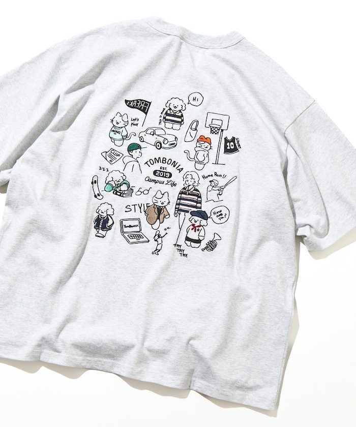 【フリークスストア/FREAK'S STORE】のtombonia/トムボニア バックプリント クルーネックTシャツ/キャンパスライフ インテリア・キッズ・メンズ・レディースファッション・服の通販 founy(ファウニー) 　ファッション　Fashion　レディースファッション　Fashion for Women　トップス・カットソー　Cut & Sew Tops　シャツ・ブラウス・オフィスカジュアル　Elegant Blouses & Button-Ups　ロングTシャツ・Tシャツ　Longline T-Shirts & Tees　バッグ　Bags　2026年　2026　2026春夏・S/S　Spring/Summer 2026 SS26　おすすめ　Recommended / Our Picks　プリント　Print, Printed Pattern　ベーシック　Basic, Essential　人気　Popular, Best Seller　夏　Summer　S/S・春夏　SS, Spring/Summer, Warm Season　猫　Cat, Kitty　アッシュグレー|ID: prp329100004979702 ipo3291000000037314556