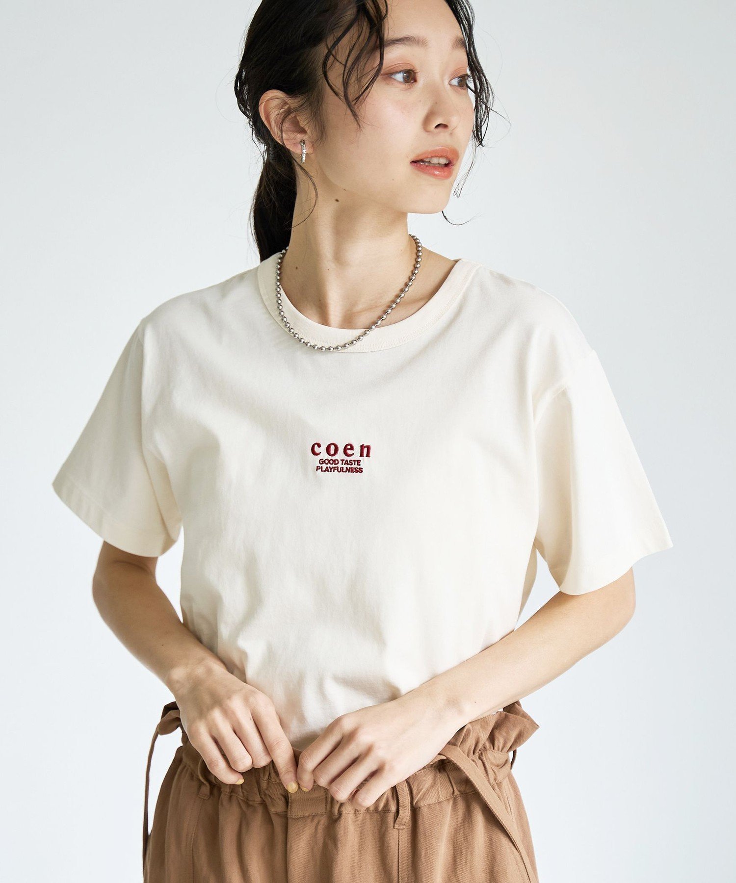【コーエン/COEN】の【新色登場】coen(コーエン)ロゴ刺繍コンパクトTシャツ インテリア・キッズ・メンズ・レディースファッション・服の通販 founy(ファウニー) 　ファッション　Fashion　レディースファッション　Fashion for Women　トップス・カットソー　Cut & Sew Tops　シャツ・ブラウス・オフィスカジュアル　Elegant Blouses & Button-Ups　ロングTシャツ・Tシャツ　Longline T-Shirts & Tees　インナー　Innerwear　キャップ　Cap, Baseball Cap　キャミワンピース　Cami Dress, Slip Dress　コンパクト　Compact, Small Size　シンプル　Simple, Minimal　ジャケット　Jacket, Outerwear　スウェット / スエット　Sweatshirt, Sweatwear　セットアップ　Set-Up, Coordinated Outfit　バランス　Balance, Style Balance　ビスチェ　Bustier, Corset Top　フレア　Flare, Flared　ベスト　Vest, Waistcoat　ボーダー　Border, Stripe　ワイド　Wide, Wide Fit　エレガント 上品　Elegant　2026年　2026　2026春夏・S/S　Spring/Summer 2026 SS26　NATURAL|ID: prp329100004979747 ipo3291000000037314955