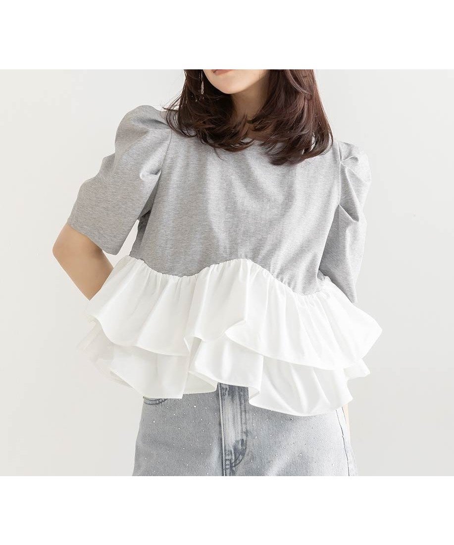 【ランダ/RANDA】のタフタフリルペプラムTシャツ 大人の最旬トレンドファッション＆コーディネート founy(ファウニー) 　ファッション　Fashion　レディースファッション　Fashion for Women　トップス・カットソー　Cut & Sew Tops　シャツ・ブラウス・オフィスカジュアル　Elegant Blouses & Button-Ups　ロングTシャツ・Tシャツ　Longline T-Shirts & Tees　カットソー　Cut and Sewn Top　ギャザー　Gathered, Ruffled　スリーブ　Sleeve, Long Sleeve / Short Sleeve　タフタ　Taffeta, Structured Fabric　デニム　Denim, Jeans Material　バランス　Balance, Style Balance　フェミニン　Feminine, Girly　フリル　Frill, Ruffle　ベーシック　Basic, Essential　ペプラム　Peplum, Flared Hem　ミックス　Mix, Mixed Style　ラウンド　Round, Round Neck　 other-1|ID: prp329100004979765 ipo3291000000037315054