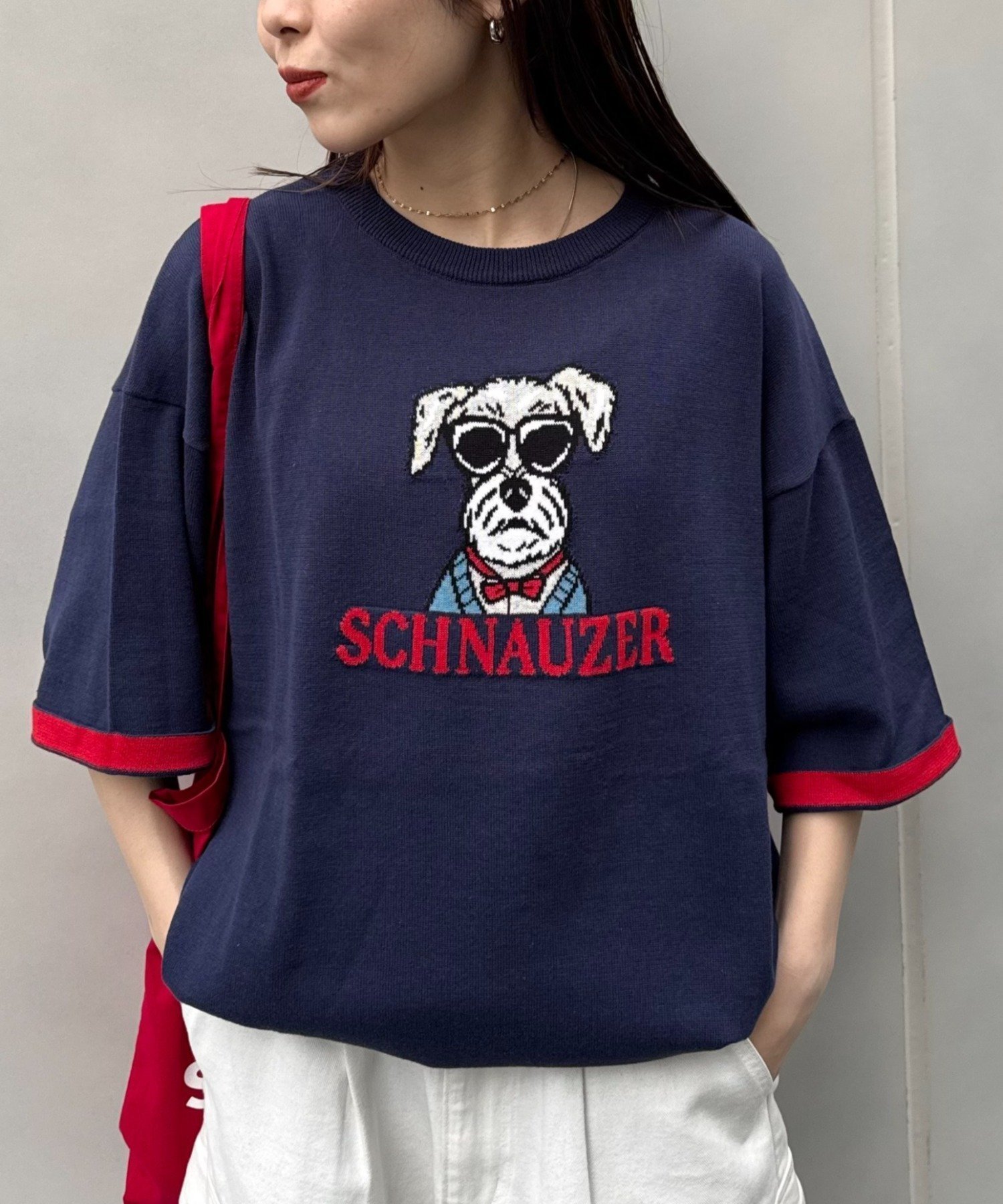 【チャオパニックティピー/CIAOPANIC TYPY】の【UNISEX】アニマル柄サマーニット袖切替し配色TEE インテリア・キッズ・メンズ・レディースファッション・服の通販 founy(ファウニー) 　ファッション　Fashion　レディースファッション　Fashion for Women　トップス・カットソー　Cut & Sew Tops　ニット　Knit Tops & Sweaters　アニマル　Animal Print　切替　Switching, Contrast Panel　サマー　Summer, Summer Style　サングラス　Sunglasses, Shades　ショート　Short, Short Length　シンプル　Simple, Minimal　スラックス　Slacks, Dress Pants　デニム　Denim, Jeans Material　ボトム　Bottoms, Lower Wear　モチーフ　Motif, Design Theme　ユニセックス　Unisex, Genderless　ロング　Long, Long-Length　ワイド　Wide, Wide Fit　おすすめ　Recommended / Our Picks　犬　Dog　ネイビー|ID: prp329100004979779 ipo3291000000037315148