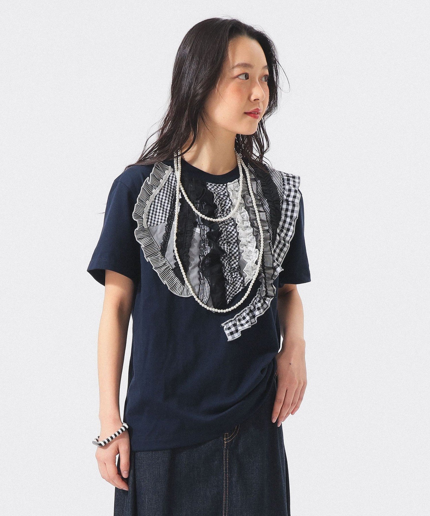 【ビームス ウイメン/BEAMS】の【別注】TORI-TO / 縦フリル Tシャツ インテリア・キッズ・メンズ・レディースファッション・服の通販 founy(ファウニー) 　ファッション　Fashion　レディースファッション　Fashion for Women　トップス・カットソー　Cut & Sew Tops　シャツ・ブラウス・オフィスカジュアル　Elegant Blouses & Button-Ups　ロングTシャツ・Tシャツ　Longline T-Shirts & Tees　インナー　Innerwear　カーディガン　Cardigan, Knitwear　シンプル　Simple, Minimal　ジャケット　Jacket, Outerwear　スラックス　Slacks, Dress Pants　デニム　Denim, Jeans Material　ハンド　Hand, Handmade　パッチワーク　Patchwork, Mixed Fabric　フリル　Frill, Ruffle　フロント　Front, Front Design　プリント　Print, Printed Pattern　ベーシック　Basic, Essential　別注　Limited Edition, Custom Order　リラックス　Relax, Relaxed Fit　おすすめ　Recommended / Our Picks　日本製　Made In Japan　NAVY|ID: prp329100004979780 ipo3291000000037315157