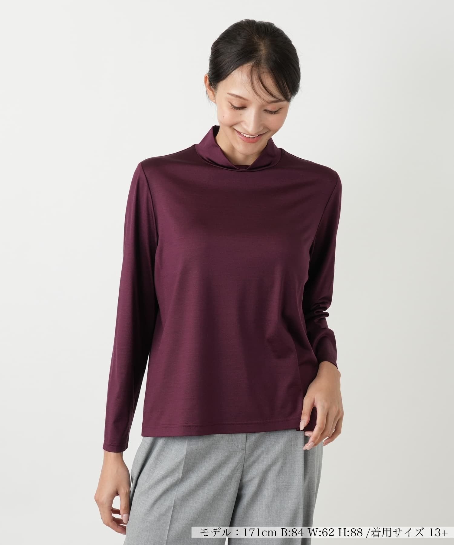 【レリアンプラスハウス/Leilian PLUS HOUSE】の【店舗人気】【ウォッシャブル】ハイネックカットソー インテリア・キッズ・メンズ・レディースファッション・服の通販 founy(ファウニー) 　ファッション　Fashion　レディースファッション　Fashion for Women　トップス・カットソー　Cut & Sew Tops　カットソー・ベーシックTシャツ　Cut-and-Sewn Tops / Stretch Tees & Basics　インナー　Innerwear　ウォッシャブル　Machine Washable　カーディガン　Cardigan, Knitwear　シンプル　Simple, Minimal　ジャケット　Jacket, Outerwear　ポケット　Pocket, Pocket Detail　人気　Popular, Best Seller　無地　Plain, Solid Color　秋　Autumn　長袖　Long Sleeve, Full Sleeve　ボルドー|ID: prp329100004979802 ipo3291000000037315290