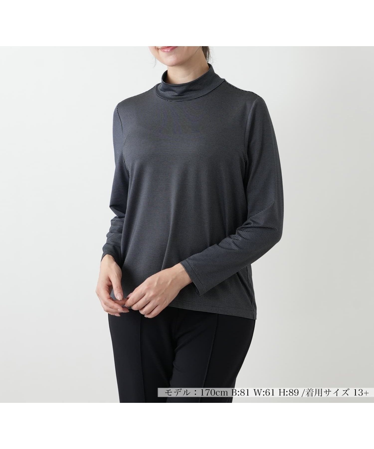 【レリアンプラスハウス/Leilian PLUS HOUSE】の【ウォッシャブル】ミジンコボーダー ハイネックカットソー インテリア・キッズ・メンズ・レディースファッション・服の通販 founy(ファウニー) 　ファッション　Fashion　レディースファッション　Fashion for Women　トップス・カットソー　Cut & Sew Tops　カットソー・ベーシックTシャツ　Cut-and-Sewn Tops / Stretch Tees & Basics　ウォッシャブル　Machine Washable　ボーダー　Border, Stripe　ポケット　Pocket, Pocket Detail　無地　Plain, Solid Color　秋　Autumn　長袖　Long Sleeve, Full Sleeve　グレー|ID: prp329100004979804 ipo3291000000037315308