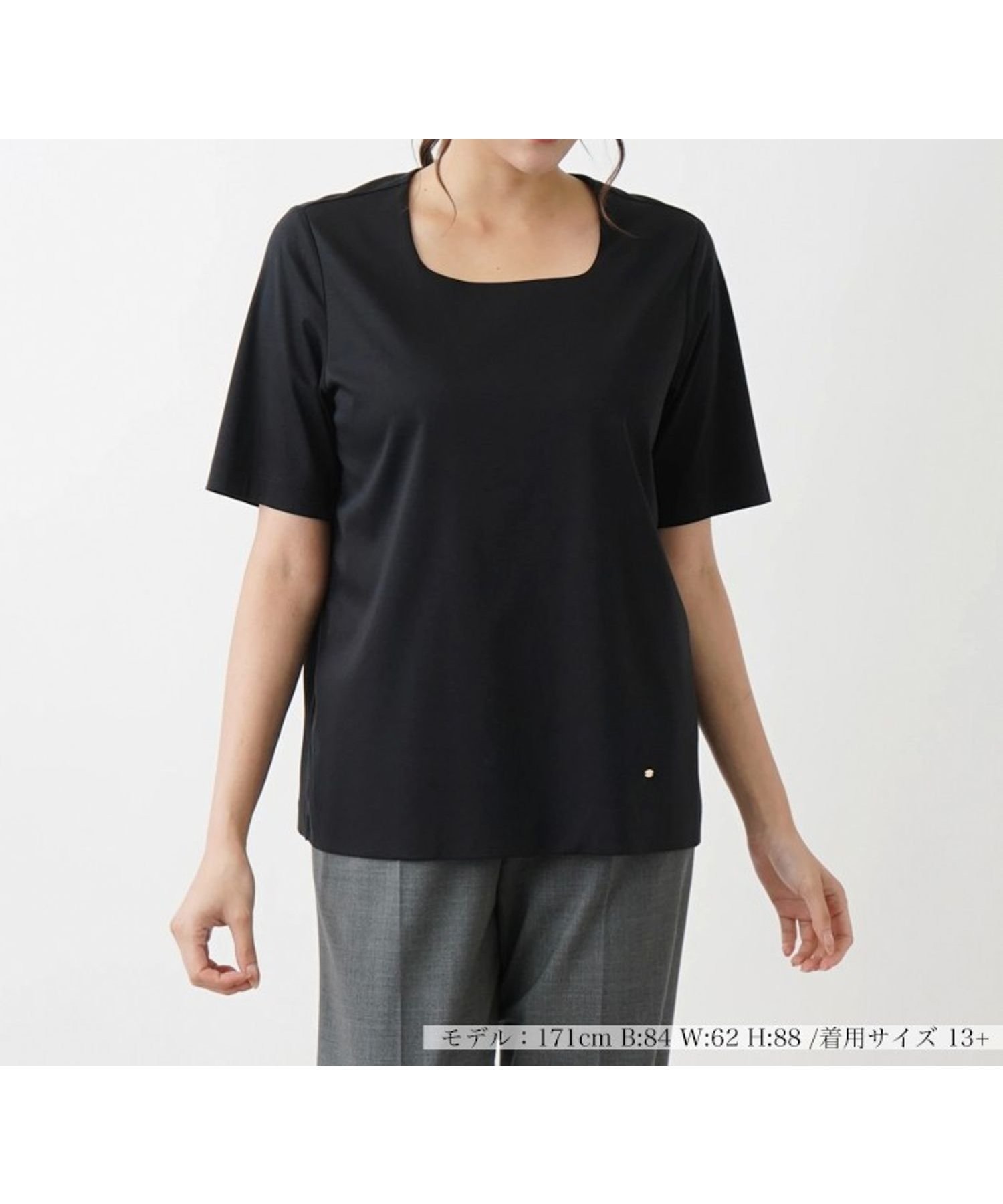 【レリアンプラスハウス/Leilian PLUS HOUSE】のスクエアネックTシャツ インテリア・キッズ・メンズ・レディースファッション・服の通販 founy(ファウニー) 　ファッション　Fashion　レディースファッション　Fashion for Women　トップス・カットソー　Cut & Sew Tops　シャツ・ブラウス・オフィスカジュアル　Elegant Blouses & Button-Ups　ロングTシャツ・Tシャツ　Longline T-Shirts & Tees　インナー　Innerwear　ウォッシャブル　Machine Washable　カットソー　Cut and Sewn Top　シンプル　Simple, Minimal　ジーンズ　Jeans, Denim Pants　スクエア　Square, Square Shape　デコルテ　Décolleté, Neckline　ポケット　Pocket, Pocket Detail　秋　Autumn　ブラック|ID: prp329100004979833 ipo3291000000037315436
