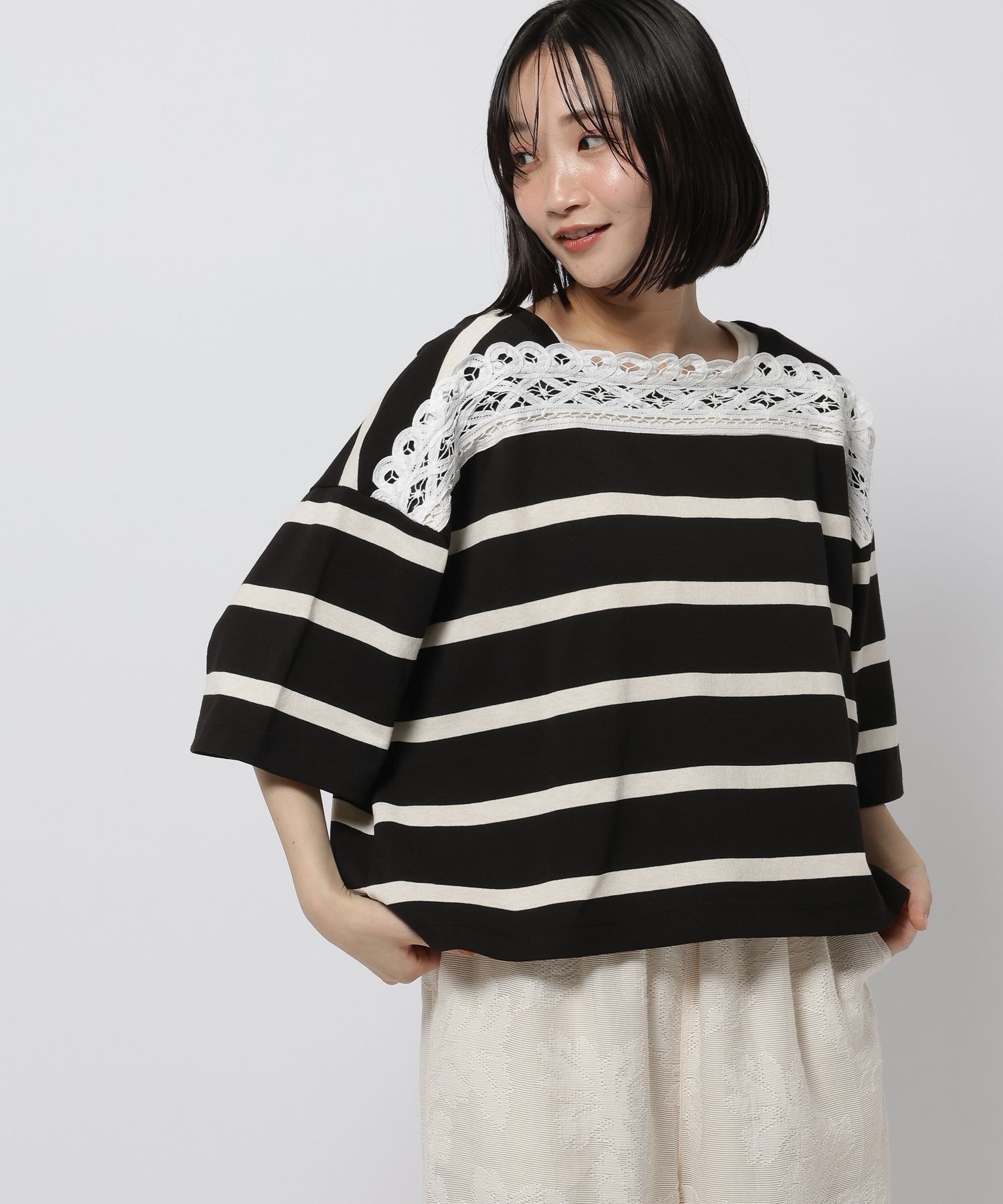【ニコアンド/niko and】のバテンレース2WAY Tシャツ 大人の最旬トレンドファッション＆コーディネート founy(ファウニー) 　ファッション　Fashion　レディースファッション　Fashion for Women　トップス・カットソー　Cut & Sew Tops　シャツ・ブラウス・オフィスカジュアル　Elegant Blouses & Button-Ups　ロングTシャツ・Tシャツ　Longline T-Shirts & Tees　おすすめ　Recommended / Our Picks　サンダル　Sandals, Summer Shoes　ドッキング　Docking, Mixed Material　ボーダー　Border, Stripe　リラックス　Relax, Relaxed Fit　レース　Lace, Lace Fabric　ロング　Long, Long-Length　ワイド　Wide, Wide Fit　夏　Summer　 other-1|ID: prp329100004979844 ipo3291000000037315484