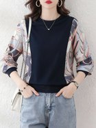 【ドゥーベル/Doux Belle】のプリント袖切替トップス レディース トップス 大人の最旬トレンドファッション＆コーディネート founy(ファウニー) ファッション Fashion レディースファッション Fashion for Women トップス・カットソー Cut & Sew Tops プリント Print, Printed Pattern リラックス Relax, Relaxed Fit 切替 Switching, Contrast Panel 春 Spring 無地 Plain, Solid Color 秋 Autumn 長袖 Long Sleeve, Full Sleeve thumbnail ネイビー|ID: prp329100004980144 ipo3291000000037317027