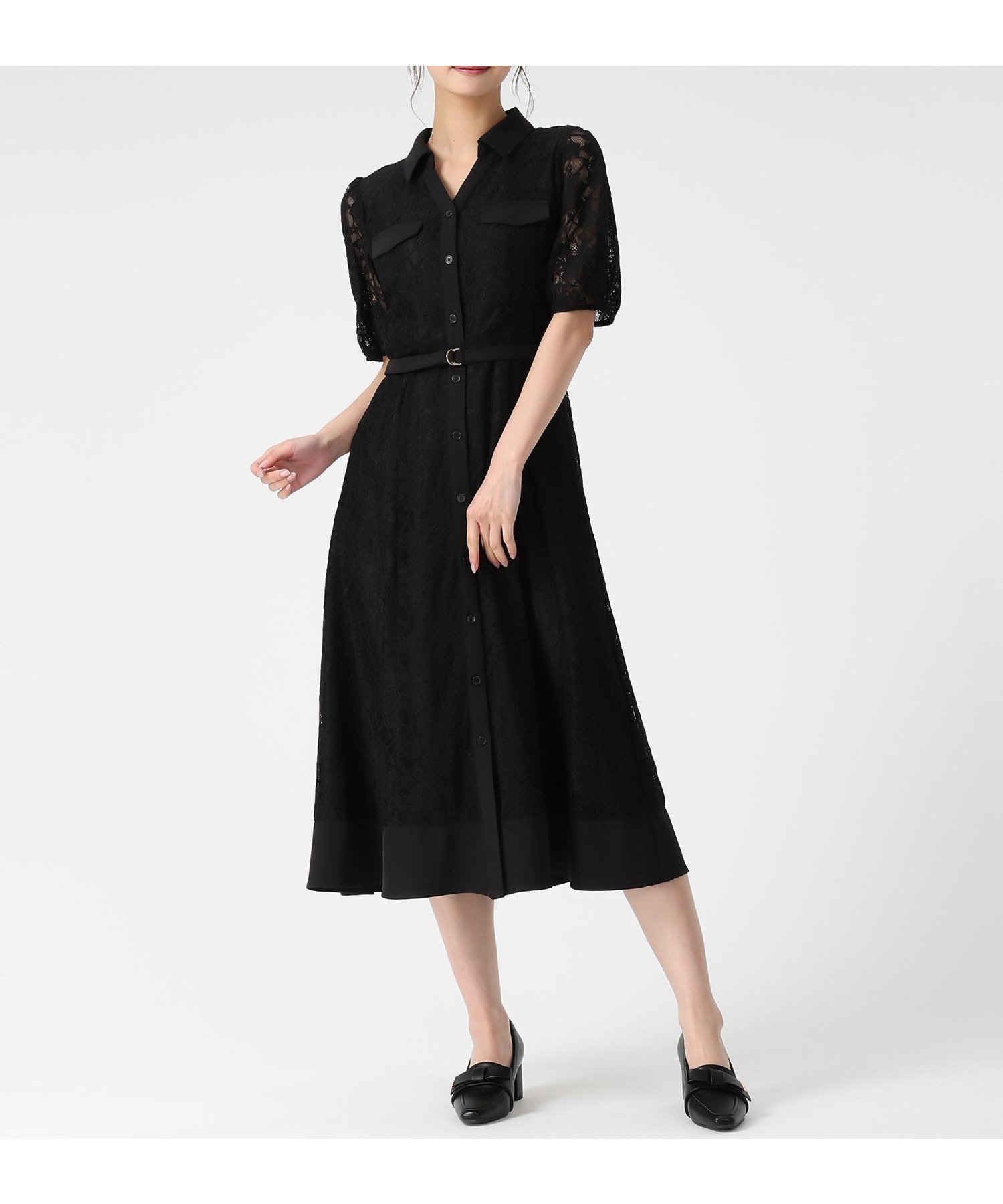 【ミッシュマッシュ/MISCH MASCH】の開襟レースシャツワンピース MM627403 インテリア・キッズ・メンズ・レディースファッション・服の通販 founy(ファウニー) 　ファッション　Fashion　レディースファッション　Fashion for Women　ワンピース　Dresses　シャツワンピース / 1枚で着映えコーデ　Shirt Dresses　おすすめ　Recommended / Our Picks　バランス　Balance, Style Balance　レース　Lace, Lace Fabric　エレガント 上品　Elegant　ブラック|ID: prp329100004980267 ipo3291000000037317478