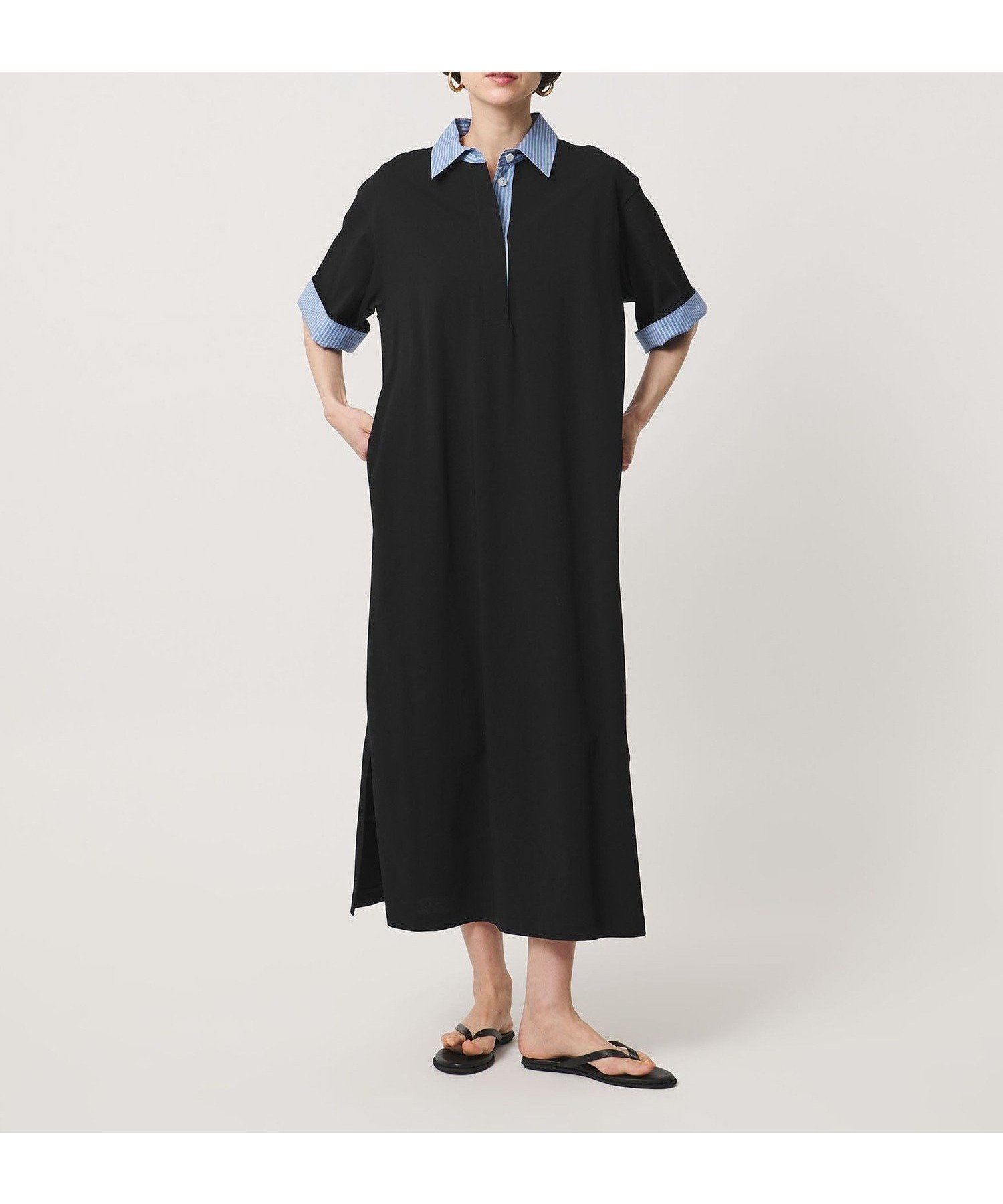【ユナイテッドアローズ/UNITED ARROWS】のターン アップ ワンピース インテリア・キッズ・メンズ・レディースファッション・服の通販 founy(ファウニー) 　ファッション　Fashion　レディースファッション　Fashion for Women　ワンピース　Dresses　カットソー　Cut and Sewn Top　シルケット　Silket, Silky Cotton　ストライプ　Stripe, Striped Pattern　ワイド　Wide, Wide Fit　おすすめ　Recommended / Our Picks　エレガント 上品　Elegant　BLACK|ID: prp329100004980278 ipo3291000000037317514