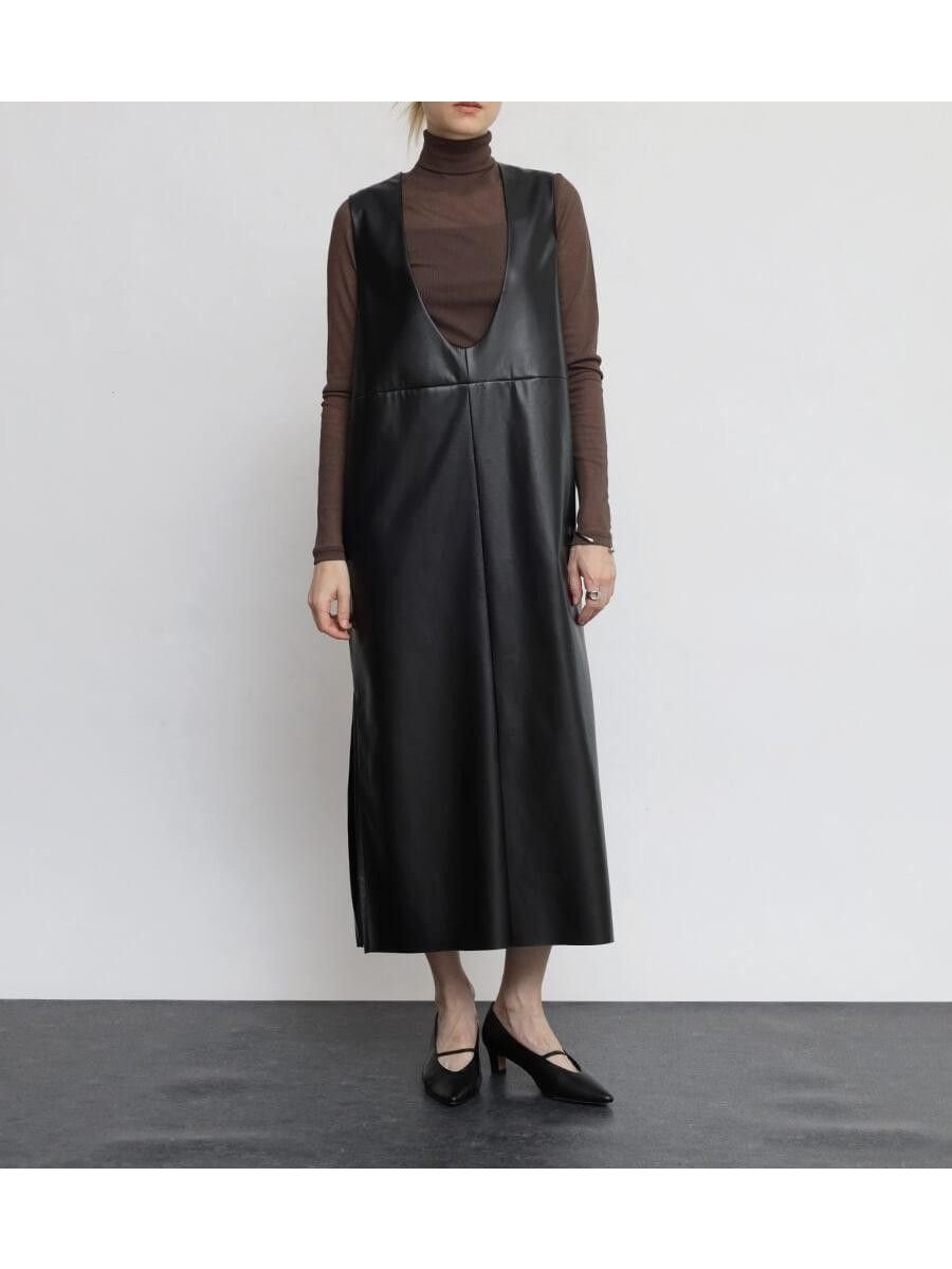 【ラシュッド/LASUD】のUネックレザーライクジャンパースカート インテリア・キッズ・メンズ・レディースファッション・服の通販 founy(ファウニー) 　ファッション　Fashion　レディースファッション　Fashion for Women　スカート　Skirts　インナー　Innerwear　シンプル　Simple, Minimal　デコルテ　Décolleté, Neckline　バランス　Balance, Style Balance　エレガント 上品　Elegant　ブラック|ID: prp329100004980397 ipo3291000000037317925