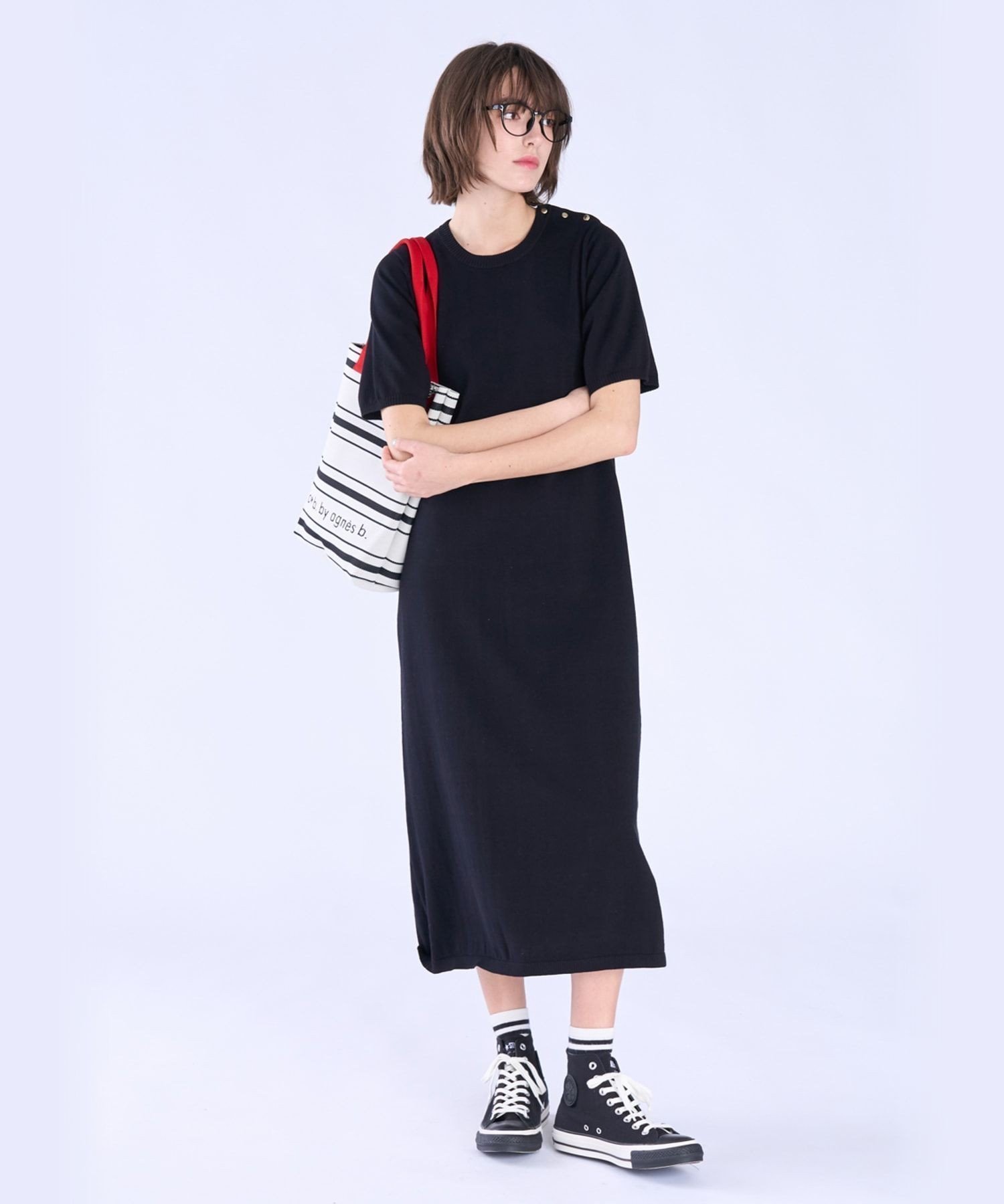 【アニエスベー ファム/agnes b. FEMME】のWEBスペシャル ショルダーボタン コットン 半袖 ニット ワンピース インテリア・キッズ・メンズ・レディースファッション・服の通販 founy(ファウニー) 　ファッション　Fashion　レディースファッション　Fashion for Women　ワンピース　Dresses　ニットワンピース　Knit Dresses　おすすめ　Recommended / Our Picks　カットソー　Cut and Sewn Top　ショルダー　Shoulder, Shoulder Strap　シンプル　Simple, Minimal　スタイリッシュ　Stylish, Fashionable　スペシャル　Special, Limited Edition　プレート　Plate, Dish　マキシ　Maxi, Full Length　メタル　Metal, Metal Parts　ロング　Long, Long-Length　半袖　Short Sleeve, Half Sleeve　ブラック|ID: prp329100004980418 ipo3291000000037318008