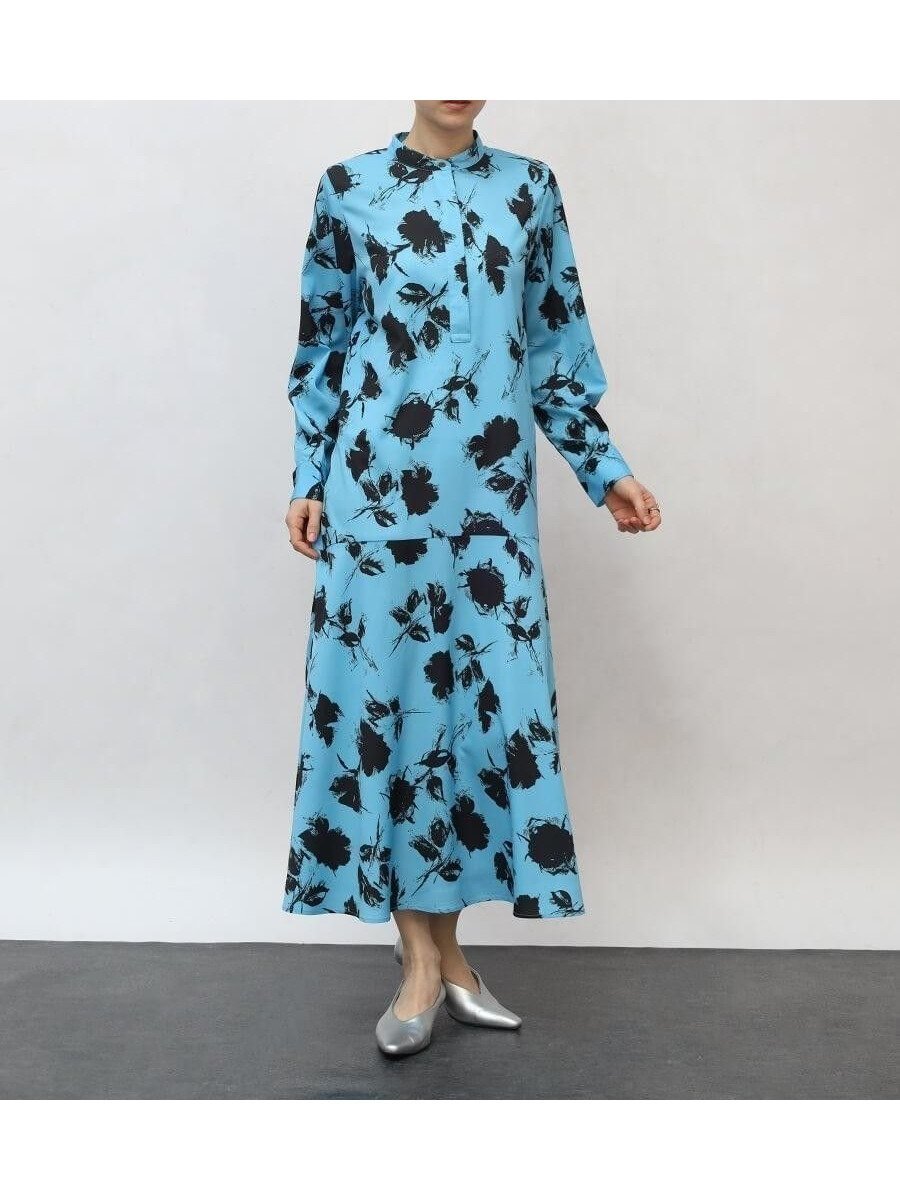 【ラシュッド/LASUD】のフラワーモチーフプリントワンピース インテリア・キッズ・メンズ・レディースファッション・服の通販 founy(ファウニー) 　ファッション　Fashion　レディースファッション　Fashion for Women　ワンピース　Dresses　フロント　Front, Front Design　プリント　Print, Printed Pattern　マーメイド　Mermaid, Fishtail Silhouette　エレガント 上品　Elegant　サックス|ID: prp329100004980457 ipo3291000000037318121