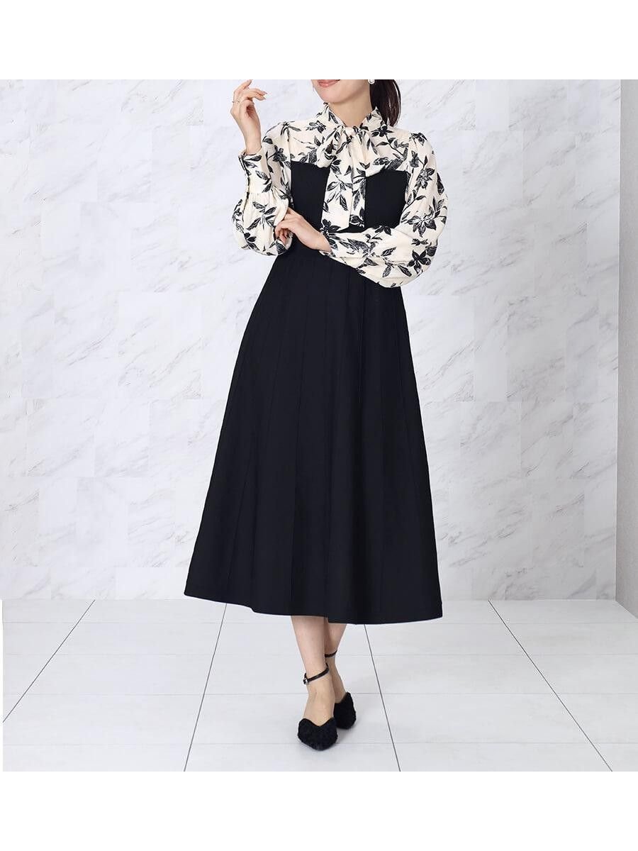 【ヴァン/Vin】のリーフプリントドッキングワンピース インテリア・キッズ・メンズ・レディースファッション・服の通販 founy(ファウニー) 　ファッション　Fashion　レディースファッション　Fashion for Women　ワンピース　Dresses　エレガント 上品　Elegant　ギャザー　Gathered, Ruffled　クラシカル　Classical, Vintage-Inspired　ドッキング　Docking, Mixed Material　フレア　Flare, Flared　リーフ　Leaf, Botanical Leaf　アイボリー|ID: prp329100004980460 ipo3291000000037318129
