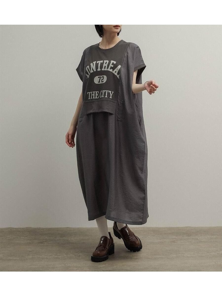 【ラシュッド/LASUD】の異素材ドッキングロゴ2wayワンピース インテリア・キッズ・メンズ・レディースファッション・服の通販 founy(ファウニー) 　ファッション　Fashion　レディースファッション　Fashion for Women　ワンピース　Dresses　シアー　Sheer, See-Through　スウェット / スエット　Sweatshirt, Sweatwear　ドッキング　Docking, Mixed Material　フロント　Front, Front Design　ポケット　Pocket, Pocket Detail　リラックス　Relax, Relaxed Fit　軽量　Lightweight, Ultra Light　チャコールグレー|ID: prp329100004980469 ipo3291000000037318150
