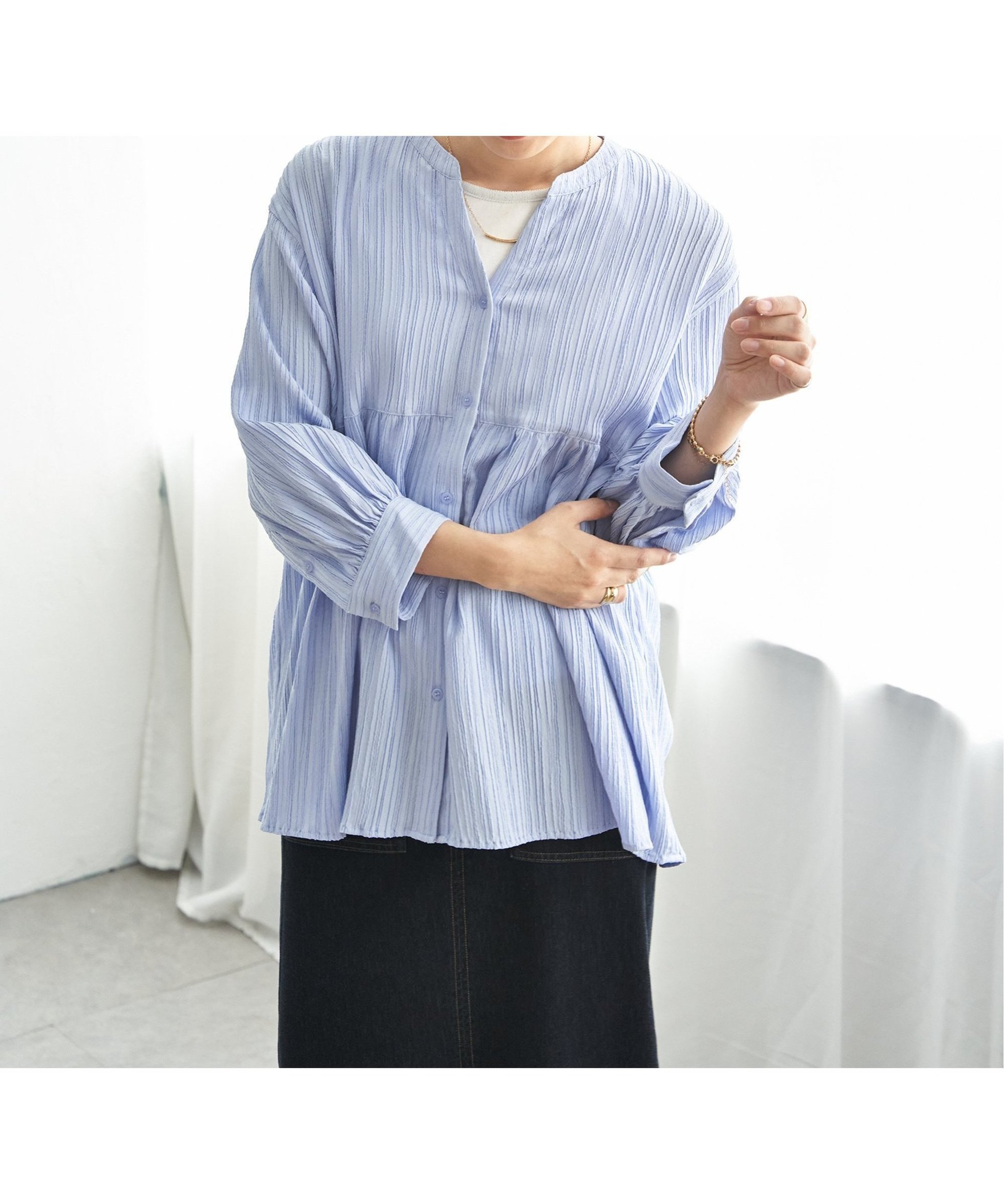 【イッカ/ikka】の冷感楊柳バンドカラーシャツ インテリア・キッズ・メンズ・レディースファッション・服の通販 founy(ファウニー) 　ファッション　Fashion　レディースファッション　Fashion for Women　トップス・カットソー　Cut & Sew Tops　シャツ・ブラウス・オフィスカジュアル　Elegant Blouses & Button-Ups　サッカー　Seersucker, Summer Fabric　フェミニン　Feminine, Girly　ペプラム　Peplum, Flared Hem　ブルー|ID: prp329100004980477 ipo3291000000037318175