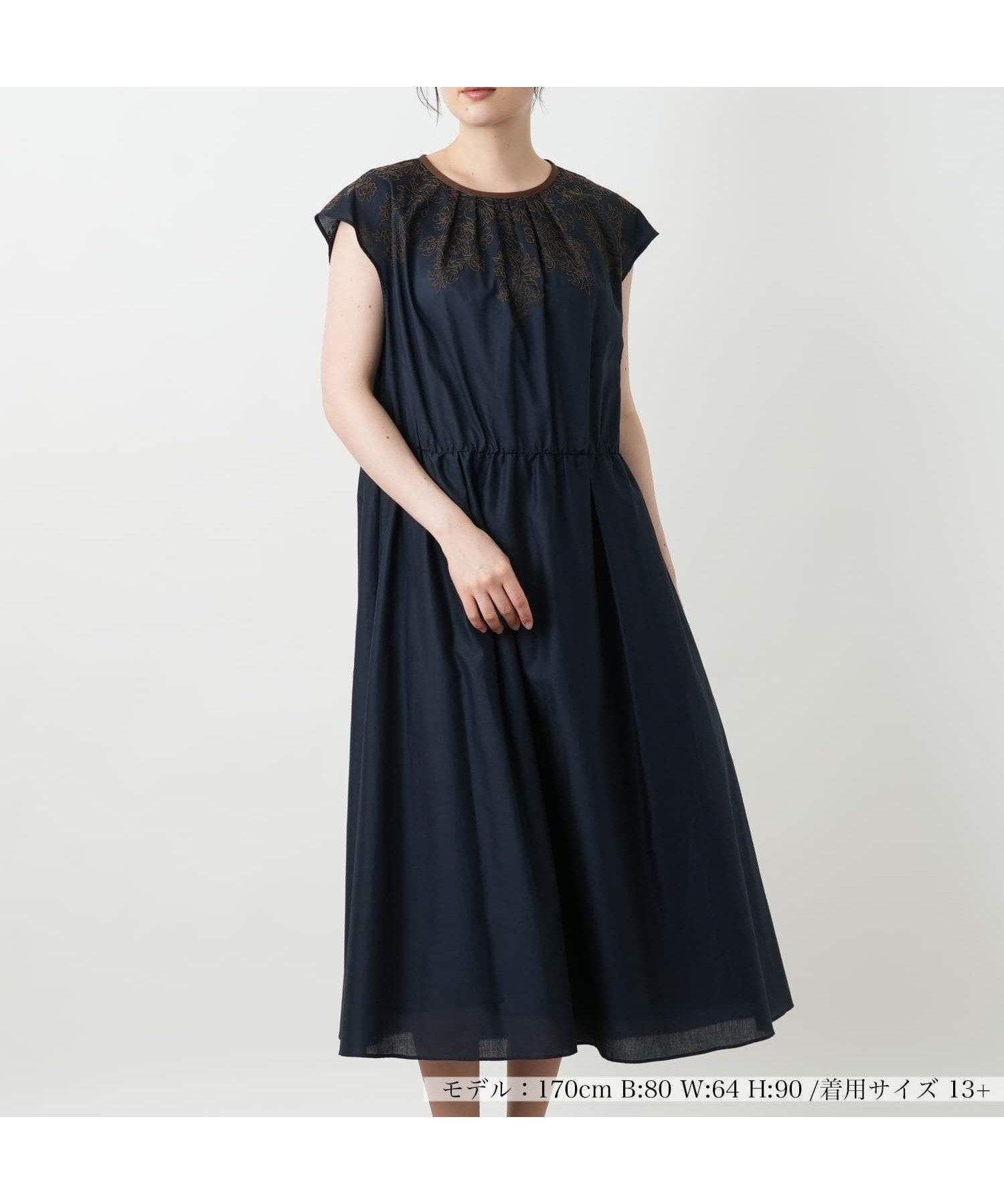 【レリアンプラスハウス/Leilian PLUS HOUSE】の【ウォッシャブル】刺繍フレンチスリーブワンピース【BOURGE】 インテリア・キッズ・メンズ・レディースファッション・服の通販 founy(ファウニー) 　ファッション　Fashion　レディースファッション　Fashion for Women　ワンピース　Dresses　アクセサリー　Fashion Accessories　アンダー　Underwear Essentials　ウォッシャブル　Machine Washable　フラワー　Flower, Floral　フレア　Flare, Flared　ポケット　Pocket, Pocket Detail　モチーフ　Motif, Design Theme　ヨーク　Yoke, Yoke Design　ネイビー|ID: prp329100004980546 ipo3291000000037318424