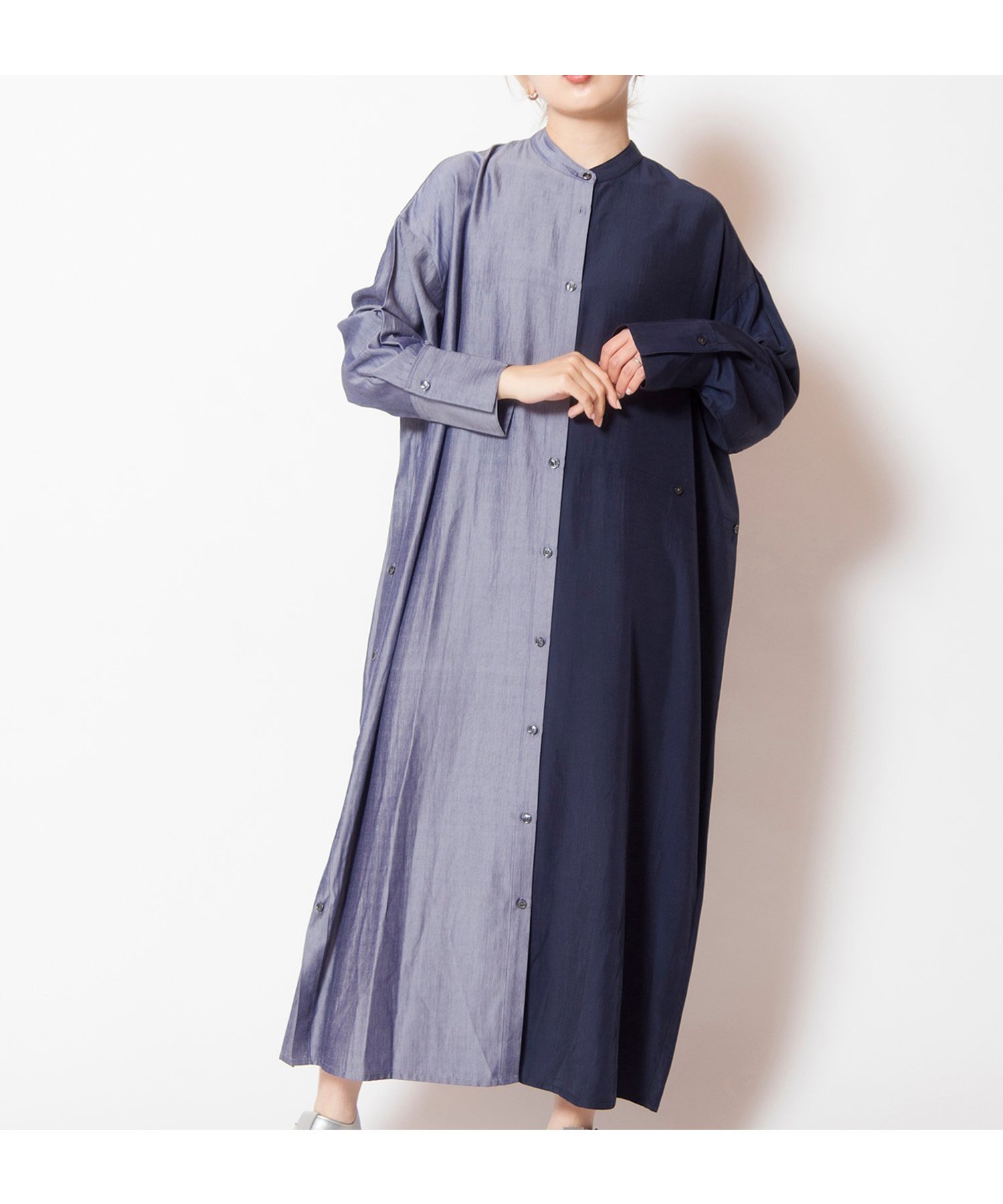 【オズモーシス/OSMOSIS】のバイカラーボタンアレンジワンピース インテリア・キッズ・メンズ・レディースファッション・服の通販 founy(ファウニー) 　ファッション　Fashion　レディースファッション　Fashion for Women　ワンピース　Dresses　スリット　Slit, Slit Detail　バランス　Balance, Style Balance　再入荷　Restock / Back in Stock　夏　Summer　S/S・春夏　SS, Spring/Summer, Warm Season　羽織　Haori, Light Jacket　BLUE|ID: prp329100004980551 ipo3291000000037318440