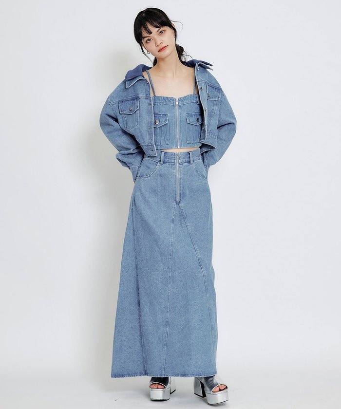 【レディアゼル/REDYAZEL】の【Denim Series】デニムショートビスチェ*ZIPフレアロングスカート インテリア・キッズ・メンズ・レディースファッション・服の通販 founy(ファウニー) https://founy.com/ ファッション Fashion レディースファッション Fashion for Women スカート Skirts ロングスカート Long Skirts / Maxi & Midi Skirts コンパクト Compact, Small Size セットアップ Set-Up, Coordinated Outfit デニム Denim, Jeans Material バランス Balance, Style Balance ビスチェ Bustier, Corset Top ポケット Pocket, Pocket Detail ロング Long, Long-Length |ID: prp329100004980566 ipo3291000000037318494