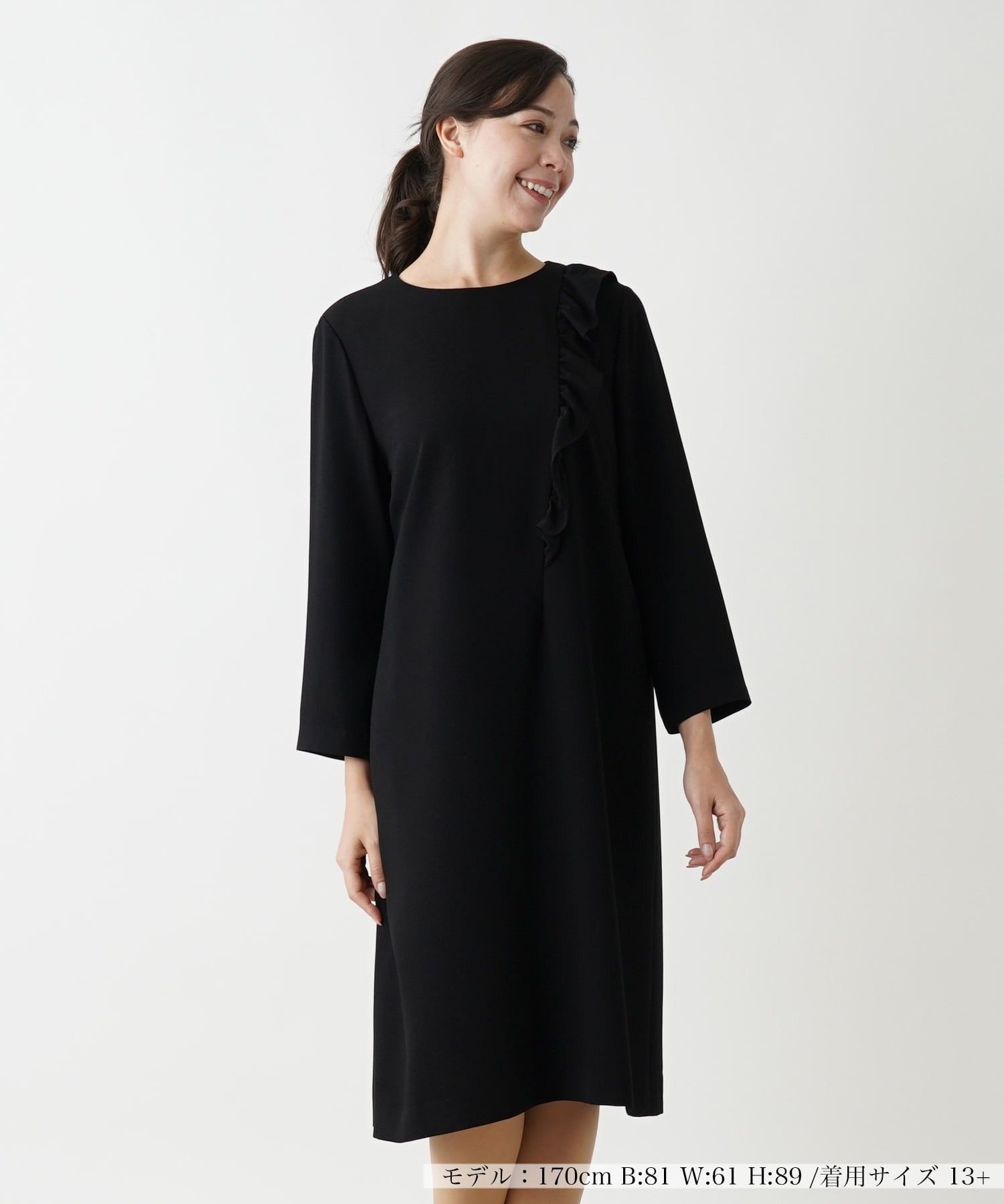 【レリアンプラスハウス/Leilian PLUS HOUSE】のノーカラーワンピース【プラス企画】 インテリア・キッズ・メンズ・レディースファッション・服の通販 founy(ファウニー) 　ファッション　Fashion　レディースファッション　Fashion for Women　ワンピース　Dresses　ウォッシャブル　Machine Washable　エレガント 上品　Elegant　秋　Autumn　ショルダー　Shoulder, Shoulder Strap　シンプル　Simple, Minimal　フェミニン　Feminine, Girly　ポケット　Pocket, Pocket Detail　レギュラー　Regular, Standard Fit　ブラック|ID: prp329100004980583 ipo3291000000037318547