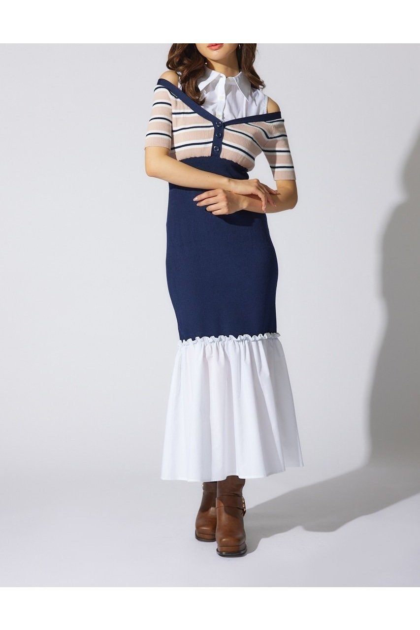 【リエンダ/rienda】のシャツレイヤードコンビマーメイドニットワンピース インテリア・キッズ・メンズ・レディースファッション・服の通販 founy(ファウニー) 　ファッション　Fashion　レディースファッション　Fashion for Women　ワンピース　Dresses　ニットワンピース　Knit Dresses　カーディガン　Cardigan, Knitwear　スニーカー　Sneakers, Trainers　トレンド　Trend, Trending Now　ドッキング　Docking, Mixed Material　ノースリーブ　Sleeveless, No-Sleeve　ボーダー　Border, Stripe　再入荷　Restock / Back in Stock　柄PNK5|ID: prp329100004980587 ipo3291000000037318560