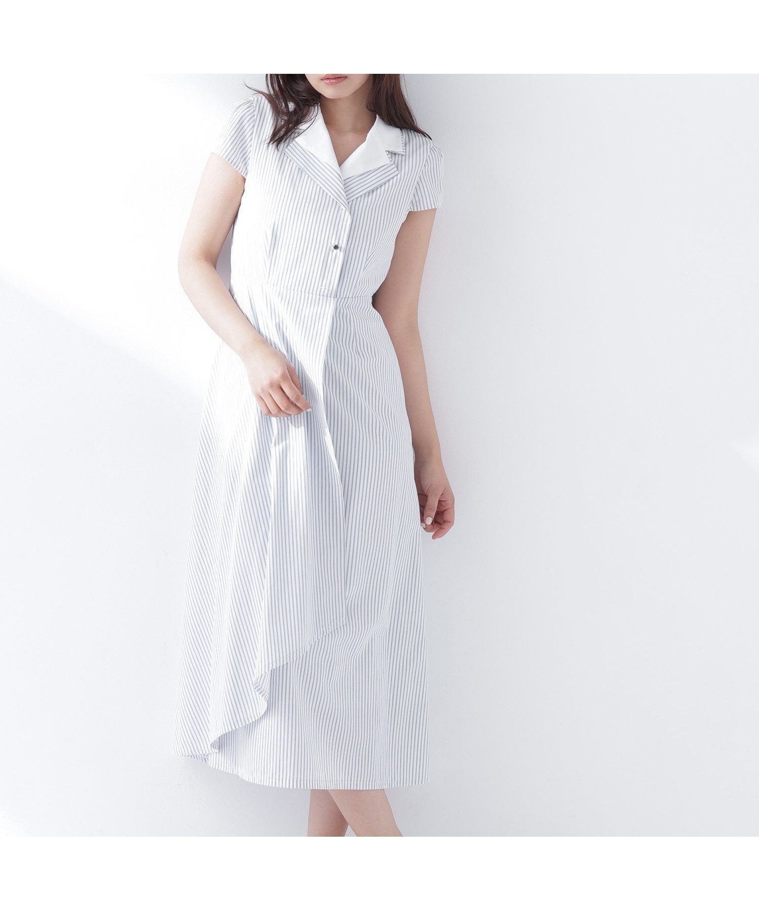 【ナチュラル ビューティー ベーシック/NATURAL BEAUTY BASIC】のダブルカラー開襟ワンピース インテリア・キッズ・メンズ・レディースファッション・服の通販 founy(ファウニー) 　ファッション　Fashion　レディースファッション　Fashion for Women　ワンピース　Dresses　アシンメトリー　Asymmetrical Style　シルバー　Silver, Metallic Silver　ストライプ　Stripe, Striped Pattern　スリーブ　Sleeve, Long Sleeve / Short Sleeve　ダブル　Double, Double-Breasted　フレンチ　French, French Style　エレガント 上品　Elegant　無地　Plain, Solid Color　ブルーストライプ2|ID: prp329100004980643 ipo3291000000037318760