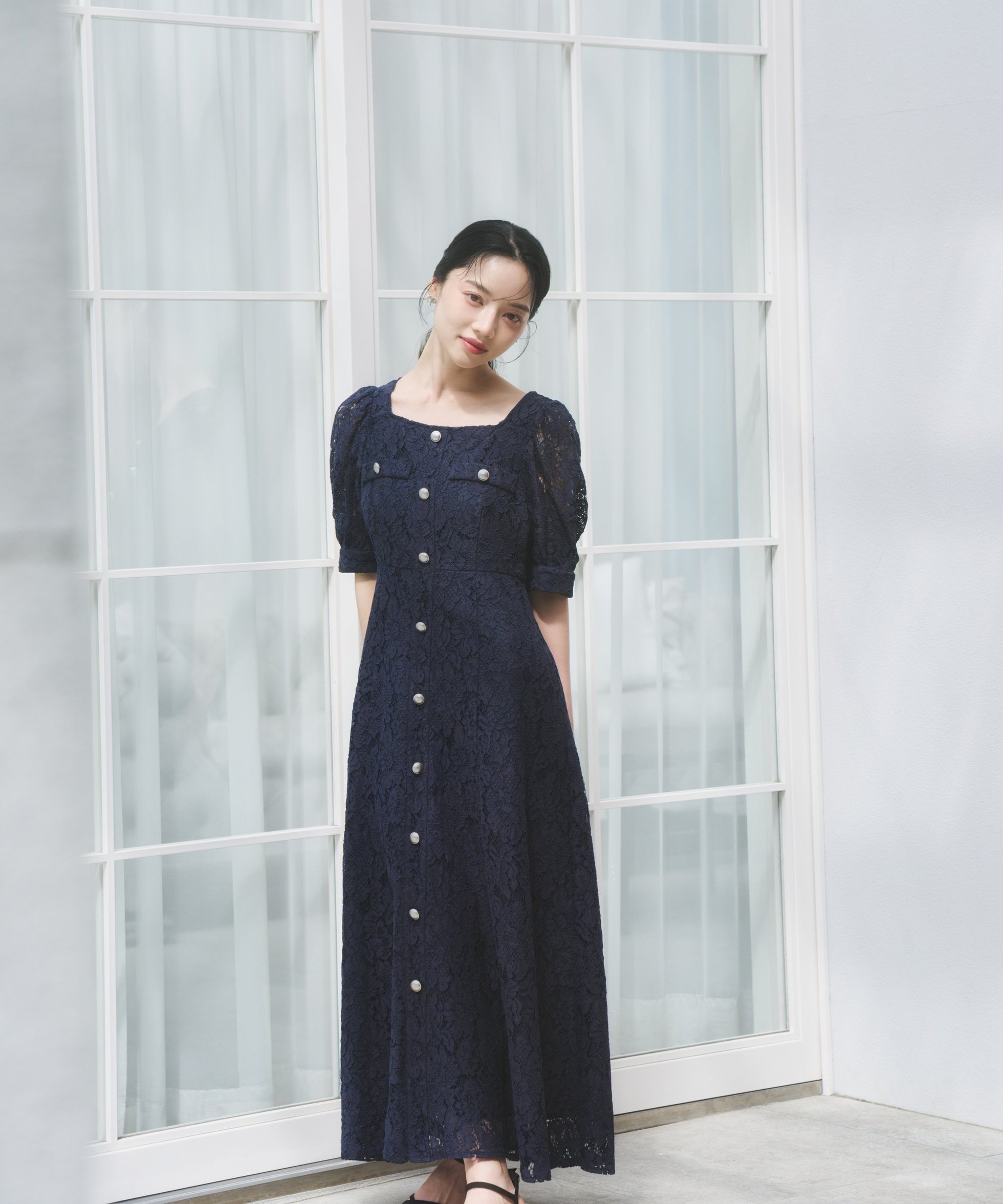 【プロポーション ボディドレッシング/PROPORTION BODY DRESSING】のフロントボタンレースワンピース 26SS インテリア・キッズ・メンズ・レディースファッション・服の通販 founy(ファウニー) 　ファッション　Fashion　レディースファッション　Fashion for Women　ワンピース　Dresses　2026年　2026　2026春夏・S/S　Spring/Summer 2026 SS26　インナー　Innerwear　スクエア　Square, Square Shape　フェミニン　Feminine, Girly　フロント　Front, Front Design　レース　Lace, Lace Fabric　エレガント 上品　Elegant　ネイビー|ID: prp329100004980645 ipo3291000000037318768