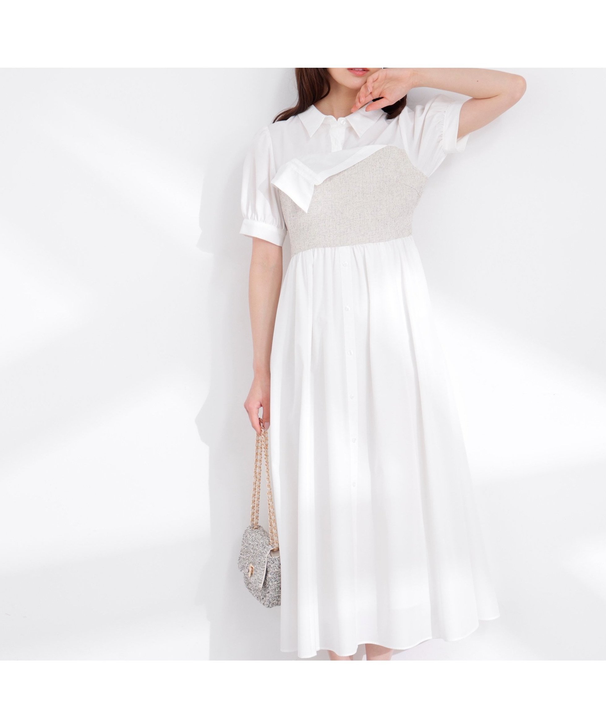 【プロポーション ボディドレッシング/PROPORTION BODY DRESSING】の《EDIT COLOGNE》ツイードビスチェ付きシャツワンピース 26SS インテリア・キッズ・メンズ・レディースファッション・服の通販 founy(ファウニー) 　ファッション　Fashion　レディースファッション　Fashion for Women　ワンピース　Dresses　シャツワンピース / 1枚で着映えコーデ　Shirt Dresses　2026年　2026　2026春夏・S/S　Spring/Summer 2026 SS26　スプリング　Spring, Spring Collection　ツイード　Twill, Twill Weave　ブロード　Broadcloth, Fine Cotton　リボン　Ribbon, Bow　ホワイト×アイボリーミックス|ID: prp329100004980649 ipo3291000000037318785