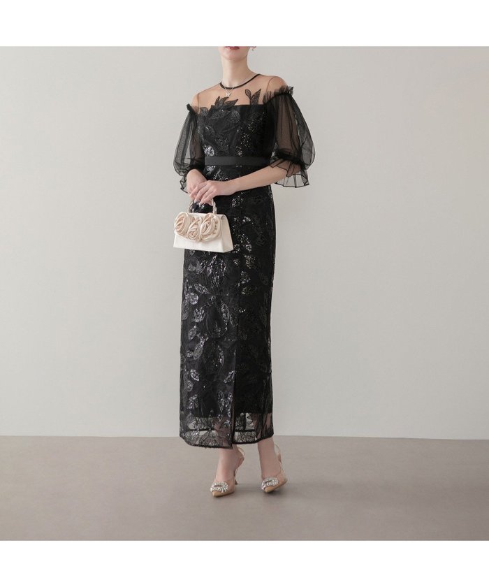 【レジャ/Leja】のリーフスパンコールチュールパフスリーブIラインワンピースドレス結婚式 インテリア・キッズ・メンズ・レディースファッション・服の通販 founy(ファウニー) https://founy.com/ ファッション Fashion レディースファッション Fashion for Women ワンピース Dresses フォーマル・パーティードレス・結婚式用ドレス Elegant & Casual Dresses 結婚式 Wedding |ID: prp329100004980650 ipo3291000000037318787