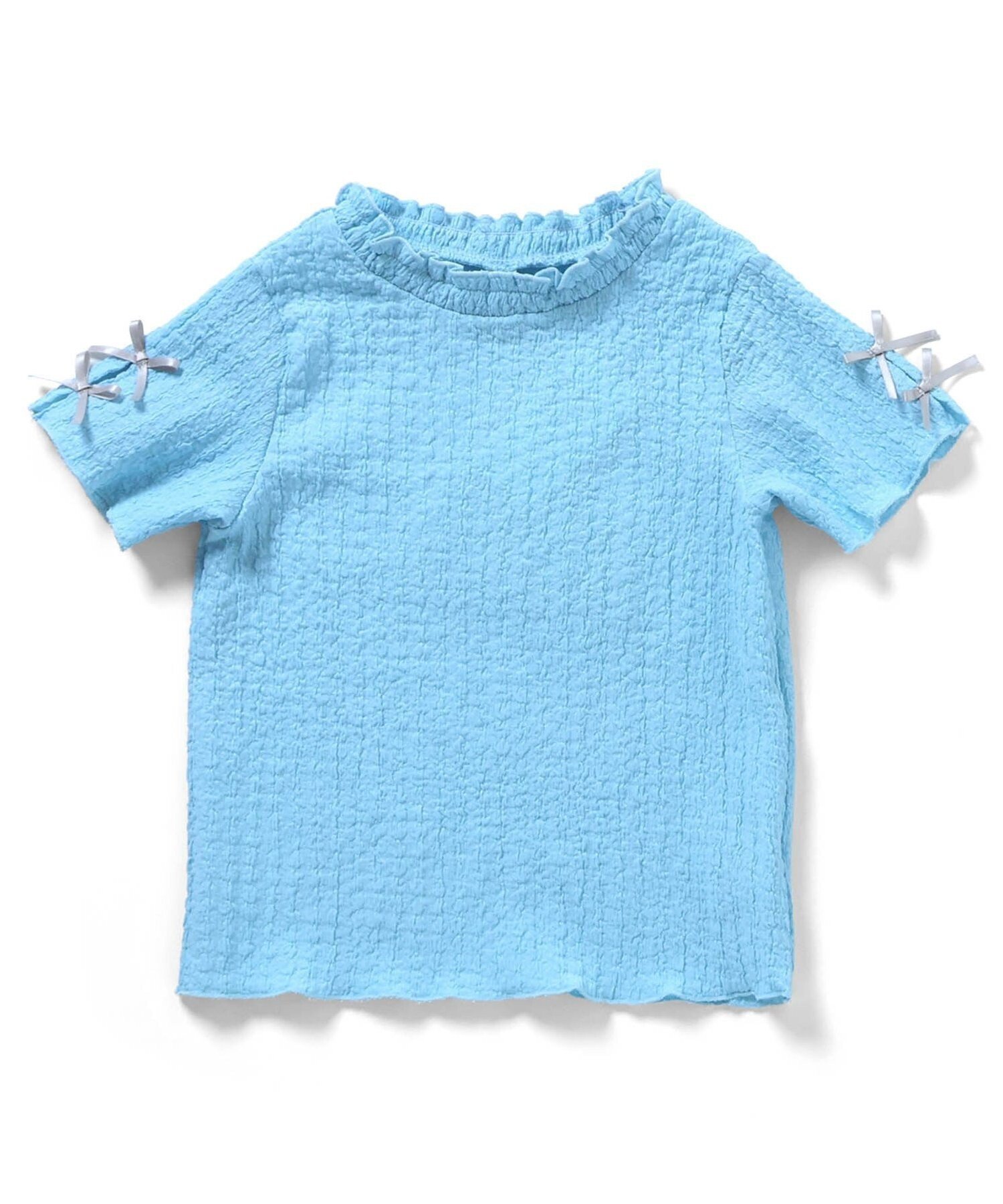 【エフオー オンラインストア/F.O.Online Store / KIDS】のぽこぽこジャガード袖リボンTシャツ インテリア・キッズ・メンズ・レディースファッション・服の通販 founy(ファウニー) 　ファッション　Fashion　キッズファッション　Fashion for Kids　リボン　Ribbon, Bow　半袖　Short Sleeve, Half Sleeve　サックス|ID: prp329100004981128 ipo3291000000037320731