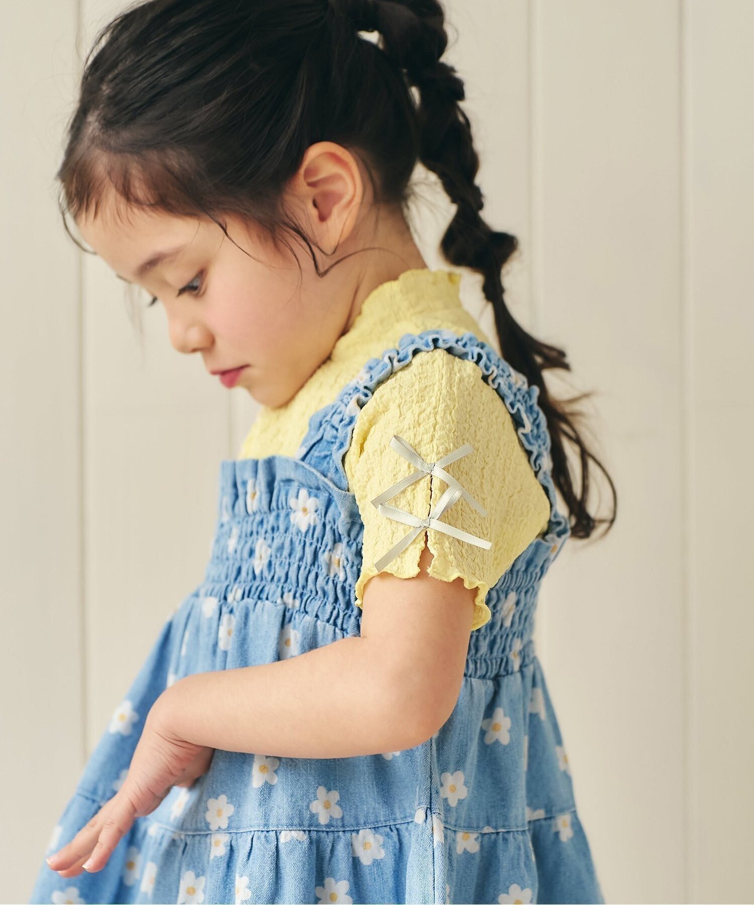 【エフオー オンラインストア/F.O.Online Store / KIDS】のぽこぽこジャガード袖リボンTシャツ インテリア・キッズ・メンズ・レディースファッション・服の通販 founy(ファウニー) 　ファッション　Fashion　キッズファッション　Fashion for Kids　リボン　Ribbon, Bow　半袖　Short Sleeve, Half Sleeve　イエロー|ID: prp329100004981128 ipo3291000000037320732