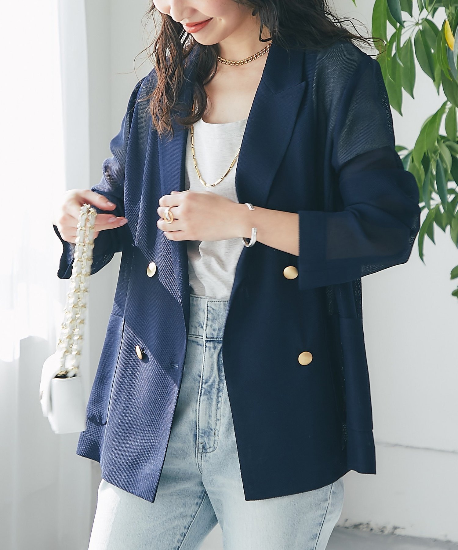 【ラブティックボンボン/La boutique BonBon】の【完売カラー再 決定!・新色登場】メッシュメタルボタンライトジャケット インテリア・キッズ・メンズ・レディースファッション・服の通販 founy(ファウニー) 　ファッション　Fashion　レディースファッション　Fashion for Women　アウター　Coat / Outerwear Collection　レディースジャケット・軽アウター　Jackets　サテン　Satin, Glossy Fabric　ジャケット　Jacket, Outerwear　タンク　Tank Top, Sleeveless Top　デニム　Denim, Jeans Material　トレンド　Trend, Trending Now　人気　Popular, Best Seller　羽織　Haori, Light Jacket　メッシュ　Mesh, Net Fabric　おすすめ　Recommended / Our Picks　エレガント 上品　Elegant　ネイビー|ID: prp329100004981229 ipo3291000000037321311