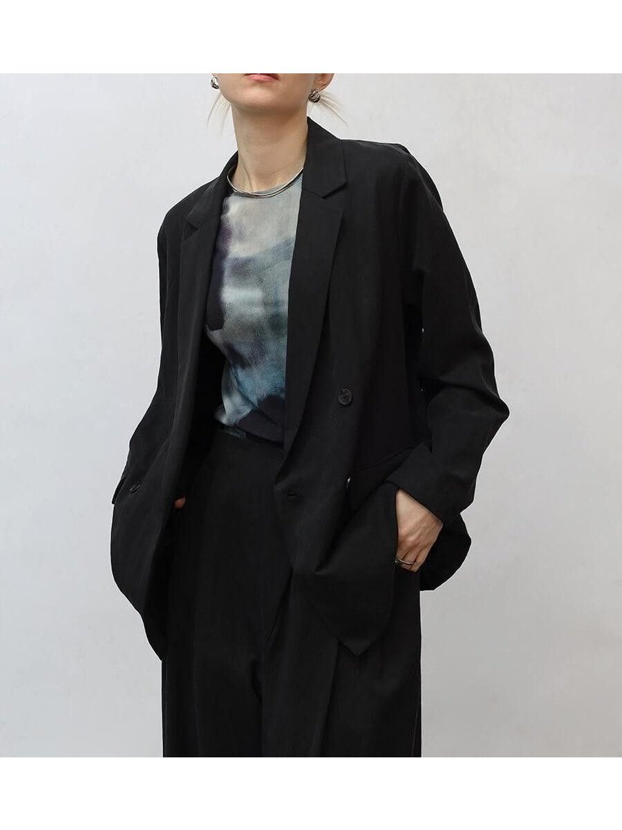 【ラシュッド/LASUD】のキュプラ混ダブルテーラードジャケット インテリア・キッズ・メンズ・レディースファッション・服の通販 founy(ファウニー) 　ファッション　Fashion　レディースファッション　Fashion for Women　アウター　Coat / Outerwear Collection　レディースジャケット・軽アウター　Jackets　テーラードジャケット / 通勤・きれいめスタイル　Tailored Jackets & Blazers　春　Spring　キュプラ　Cupro, Eco Fabric　ドレープ　Drape, Draping Fabric　なめらか　Smooth, Silky Texture　リラックス　Relax, Relaxed Fit　エレガント 上品　Elegant　セレモニー　Ceremony　ブラック|ID: prp329100004981245 ipo3291000000037321376