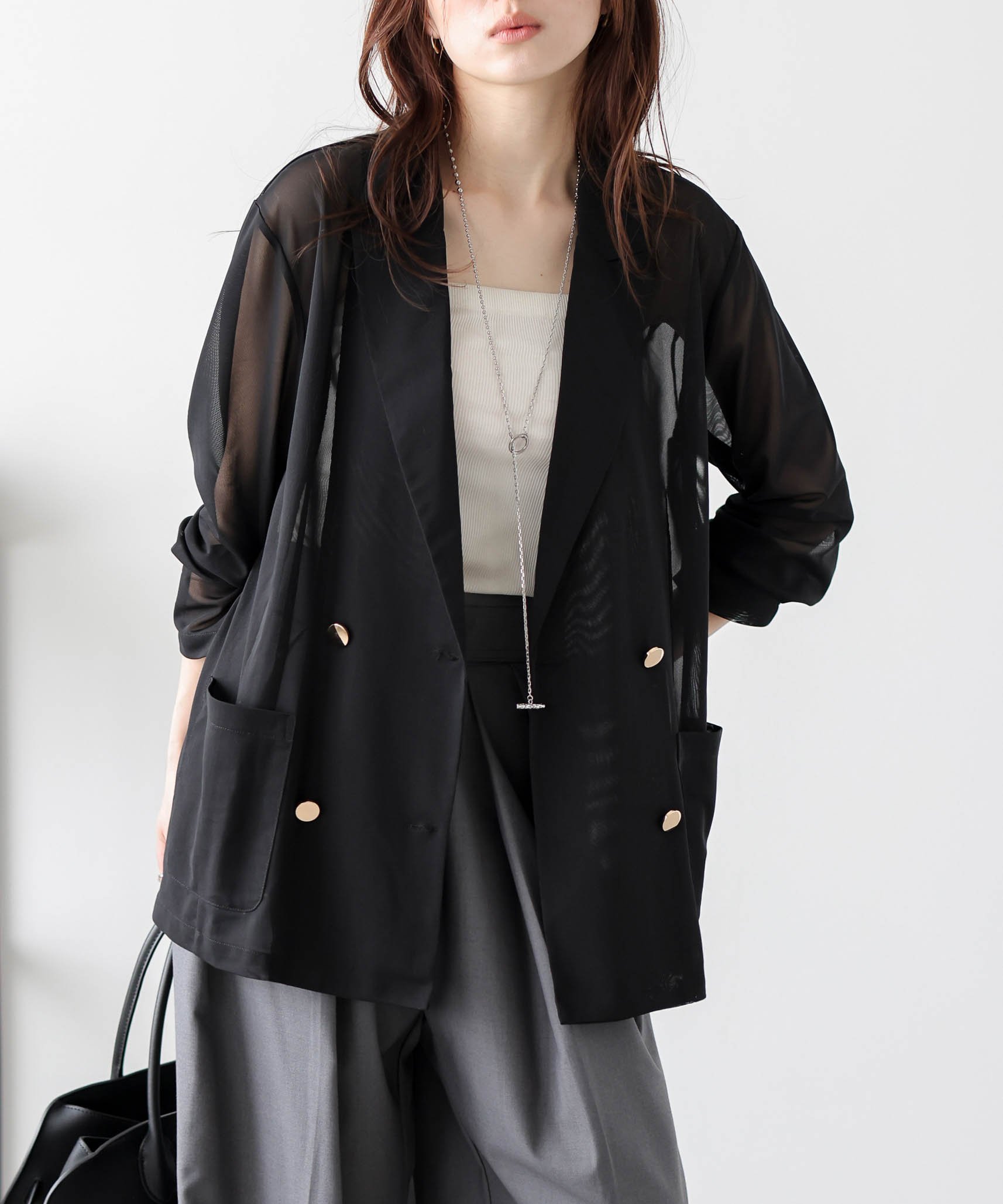 【ラジュール/Lajour】のメッシュダブルジャケット 大人の最旬トレンドファッション＆コーディネート founy(ファウニー) 　ファッション　Fashion　レディースファッション　Fashion for Women　アウター　Coat / Outerwear Collection　レディースジャケット・軽アウター　Jackets　サロペット　Overalls, Salopette　シアー　Sheer, See-Through　シンプル　Simple, Minimal　ジャケット　Jacket, Outerwear　ダブル　Double, Double-Breasted　トレンド　Trend, Trending Now　メッシュ　Mesh, Net Fabric　エレガント 上品　Elegant　 other-1|ID: prp329100004981311 ipo3291000000037321634