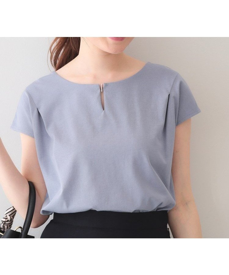 【インデックス/INDEX】の【接触冷感/UVケア】ビジューキーネックフレンチトップス《洗濯機OK/XS~3L/8col》 インテリア・キッズ・メンズ・レディースファッション・服の通販 founy(ファウニー) 　ファッション　Fashion　レディースファッション　Fashion for Women　トップス・カットソー　Cut & Sew Tops　エレガント 上品　Elegant　コンパクト　Compact, Small Size　シンプル　Simple, Minimal　スマート　Smart, Elegant　スリーブ　Sleeve, Long Sleeve / Short Sleeve　ビジュー　Bijou, Jewel-like Accent　フレンチ　French, French Style　フロント　Front, Front Design　ブルー|ID: prp329100004981378 ipo3291000000037321991