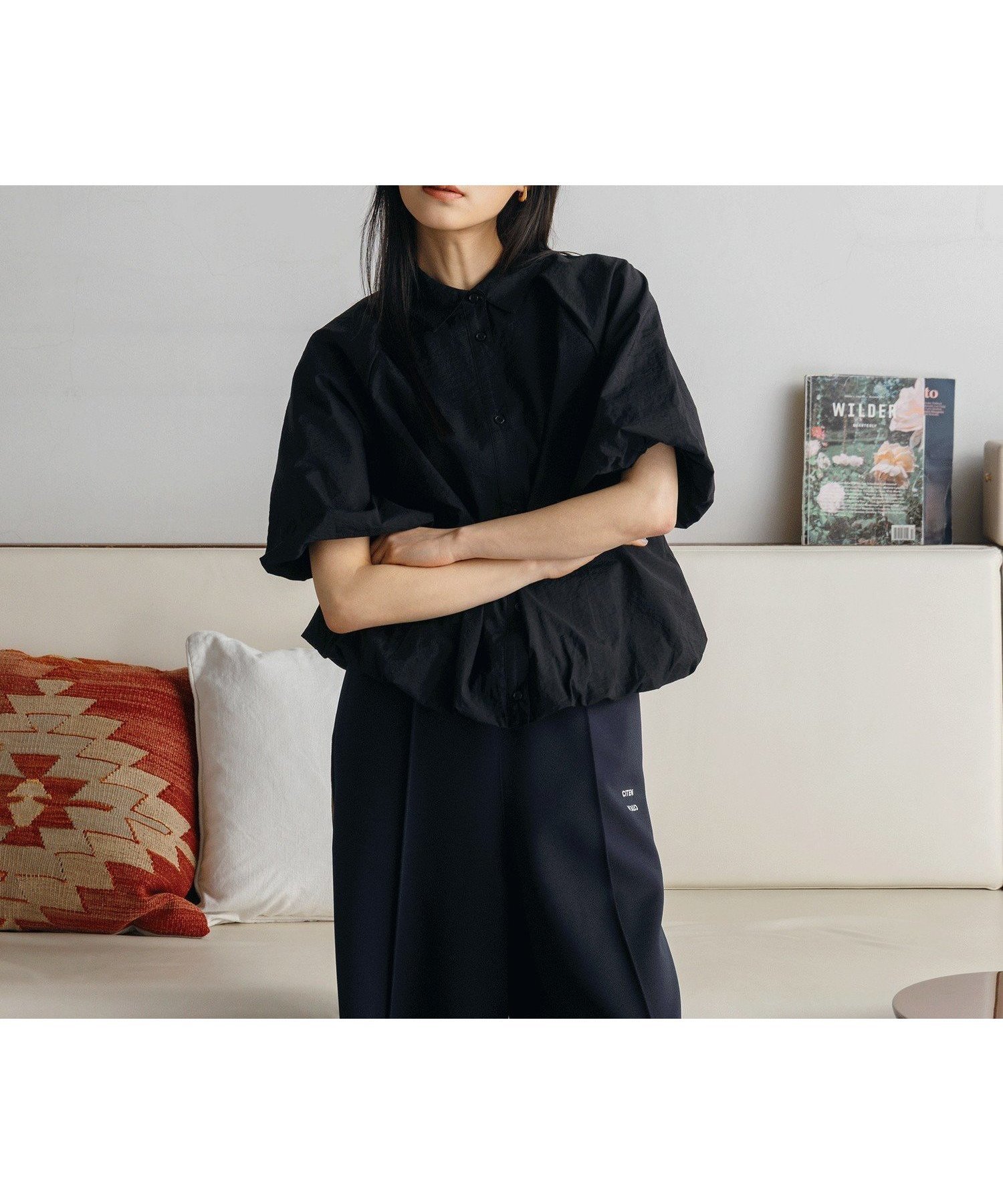 【シテン/CITEN】のCITEN バルーンスリーブショートシャツ インテリア・キッズ・メンズ・レディースファッション・服の通販 founy(ファウニー) 　ファッション　Fashion　レディースファッション　Fashion for Women　トップス・カットソー　Cut & Sew Tops　シャツ・ブラウス・オフィスカジュアル　Elegant Blouses & Button-Ups　シンプル　Simple, Minimal　デニム　Denim, Jeans Material　バランス　Balance, Style Balance　バルーン　Balloon, Balloon Silhouette　フィット　Fit, Slim Fit　フォルム　Silhouette, Form　ボトム　Bottoms, Lower Wear　BLACK|ID: prp329100004981493 ipo3291000000037322858
