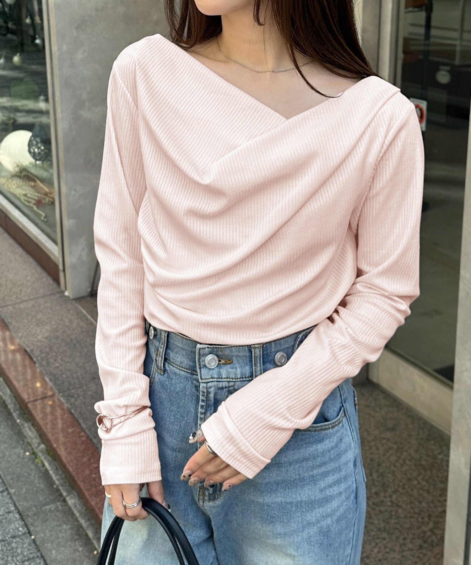 【ラナン/Ranan】のRanan/ドレープオフショルリブロンT インテリア・キッズ・メンズ・レディースファッション・服の通販 founy(ファウニー) 　ファッション　Fashion　レディースファッション　Fashion for Women　トップス・カットソー　Cut & Sew Tops　ロングTシャツ・Tシャツ　Longline T-Shirts & Tees　カシュクール　Wrap Design　シンプル　Simple, Minimal　ジャケット　Jacket, Outerwear　タイトスカート　Pencil Skirt, Tight Skirt　デコルテ　Décolleté, Neckline　トレンド　Trend, Trending Now　ドレープ　Drape, Draping Fabric　フィット　Fit, Slim Fit　フェミニン　Feminine, Girly　ベーシック　Basic, Essential　ボーダー　Border, Stripe　ポケット　Pocket, Pocket Detail　半袖　Short Sleeve, Half Sleeve　エレガント 上品　Elegant　LPI|ID: prp329100004981508 ipo3291000000037322953