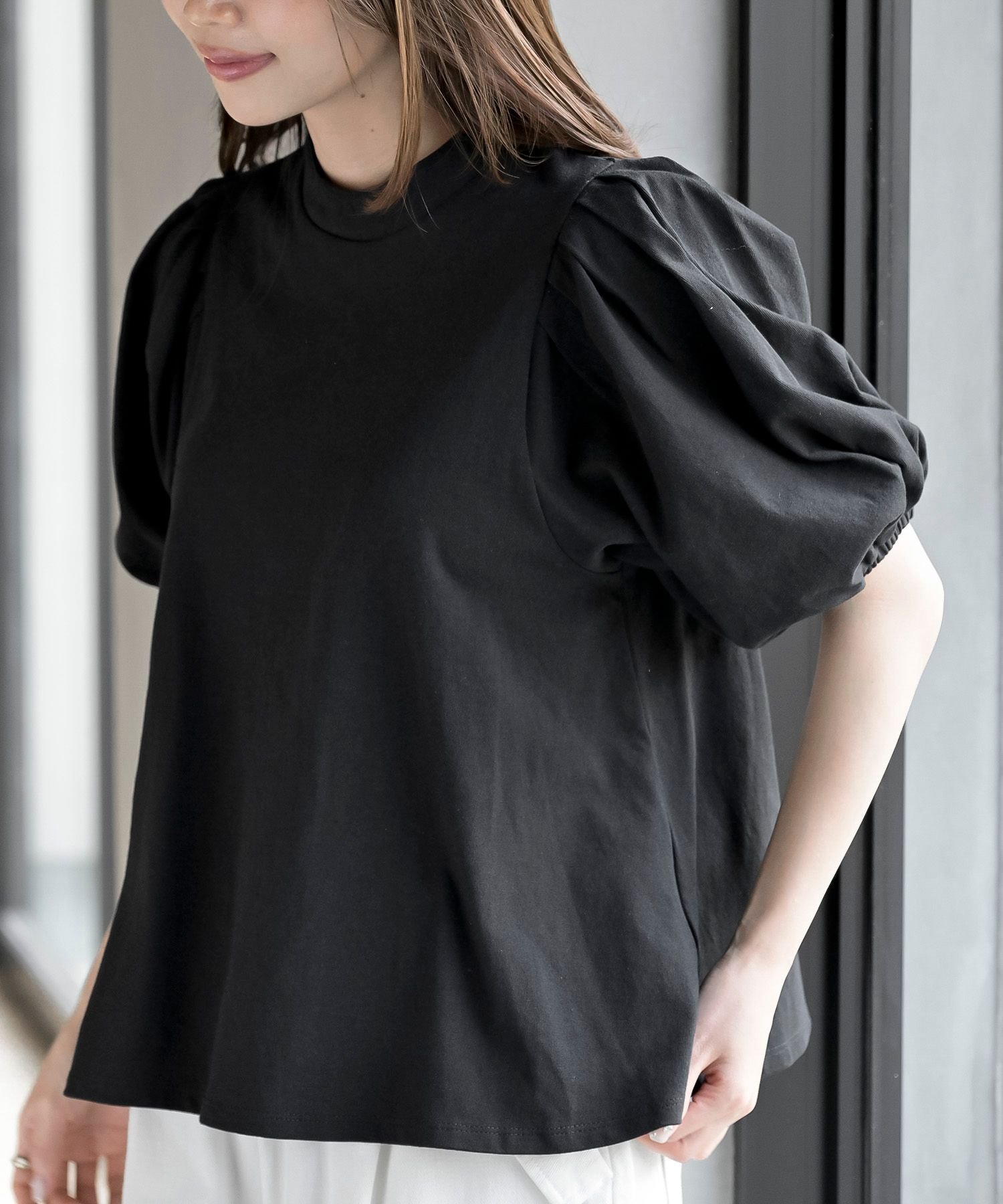 【アールピーエス/rps】のスタンドカラーパフスリーブT インテリア・キッズ・メンズ・レディースファッション・服の通販 founy(ファウニー) 　ファッション　Fashion　レディースファッション　Fashion for Women　カットソー　Cut and Sewn Top　ガーリー　Girly, Feminine Style　シンプル　Simple, Minimal　スタンド　Stand Collar, Upright Stand　スリーブ　Sleeve, Long Sleeve / Short Sleeve　フェミニン　Feminine, Girly　フォルム　Silhouette, Form　フレア　Flare, Flared　リボン　Ribbon, Bow　エレガント 上品　Elegant　ブラック|ID: prp329100004981530 ipo3291000000037323035