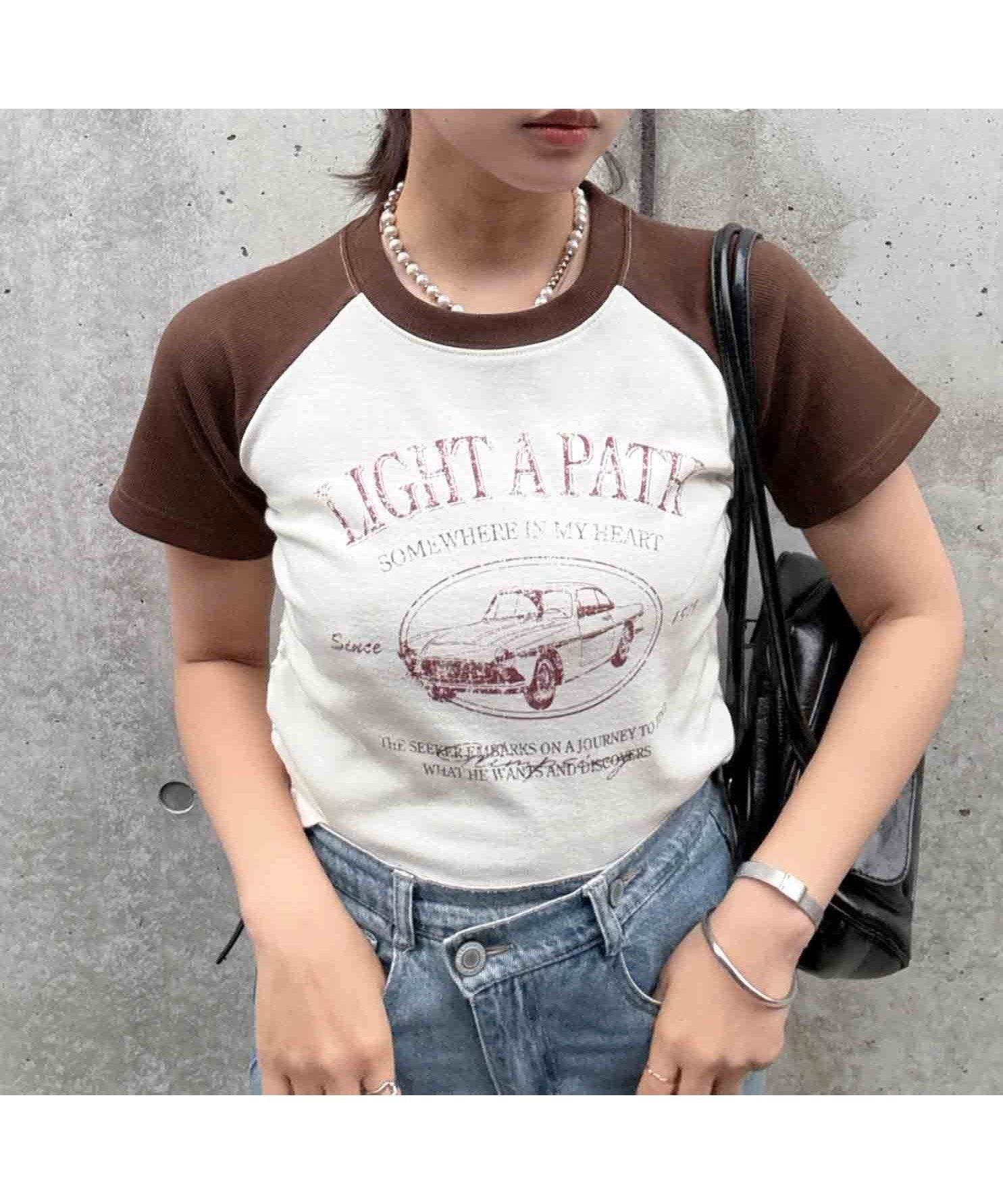 【アズノウアズ プラス/AS KNOW AS plus】の●『ドロスト付き』リブラグラン半袖Tシャツ インテリア・キッズ・メンズ・レディースファッション・服の通販 founy(ファウニー) 　ファッション　Fashion　レディースファッション　Fashion for Women　トップス・カットソー　Cut & Sew Tops　シャツ・ブラウス・オフィスカジュアル　Elegant Blouses & Button-Ups　ロングTシャツ・Tシャツ　Longline T-Shirts & Tees　ガーリー　Girly, Feminine Style　クロップド　Cropped, Short Length　コンパクト　Compact, Small Size　シャーリング　Shirring, Ruched　フロント　Front, Front Design　プリント　Print, Printed Pattern　ボトム　Bottoms, Lower Wear　半袖　Short Sleeve, Half Sleeve　再入荷　Restock / Back in Stock　おすすめ　Recommended / Our Picks　BRXBE3|ID: prp329100004981535 ipo3291000000037323056