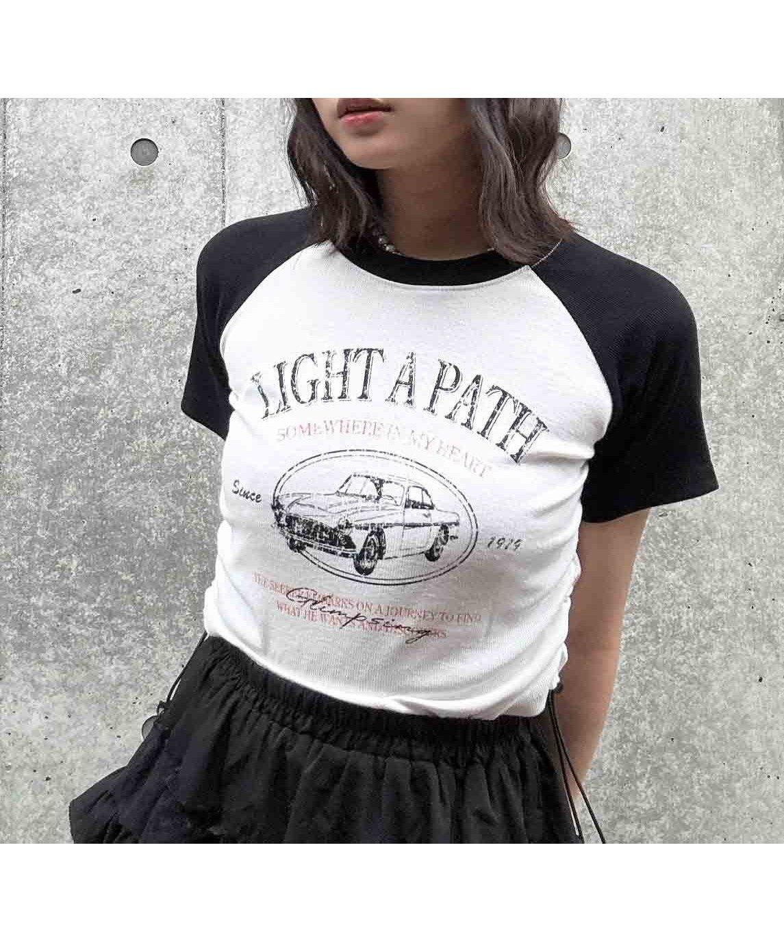 【アズノウアズ プラス/AS KNOW AS plus】の●『ドロスト付き』リブラグラン半袖Tシャツ インテリア・キッズ・メンズ・レディースファッション・服の通販 founy(ファウニー) 　ファッション　Fashion　レディースファッション　Fashion for Women　トップス・カットソー　Cut & Sew Tops　シャツ・ブラウス・オフィスカジュアル　Elegant Blouses & Button-Ups　ロングTシャツ・Tシャツ　Longline T-Shirts & Tees　ガーリー　Girly, Feminine Style　クロップド　Cropped, Short Length　コンパクト　Compact, Small Size　シャーリング　Shirring, Ruched　フロント　Front, Front Design　プリント　Print, Printed Pattern　ボトム　Bottoms, Lower Wear　半袖　Short Sleeve, Half Sleeve　再入荷　Restock / Back in Stock　おすすめ　Recommended / Our Picks　BKXIV3|ID: prp329100004981535 ipo3291000000037323057