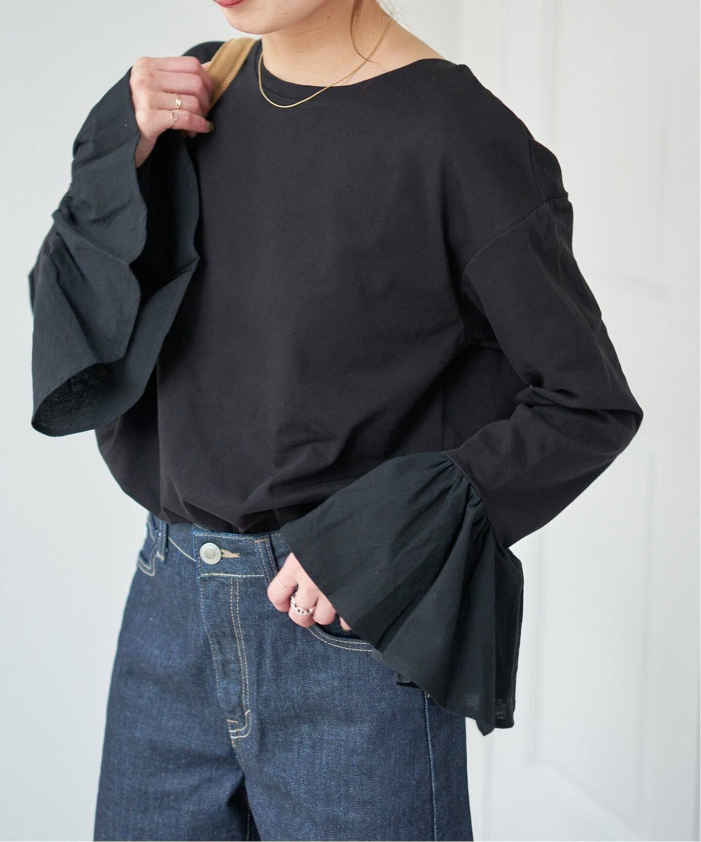 【スピック&スパン/Spick & Span】のフリルスリーブクルーネックTEE インテリア・キッズ・メンズ・レディースファッション・服の通販 founy(ファウニー) 　ファッション　Fashion　レディースファッション　Fashion for Women　インナー　Innerwear　カットソー　Cut and Sewn Top　ジャケット　Jacket, Outerwear　スリーブ　Sleeve, Long Sleeve / Short Sleeve　バランス　Balance, Style Balance　フリル　Frill, Ruffle　フレア　Flare, Flared　ブラック|ID: prp329100004981542 ipo3291000000037323084