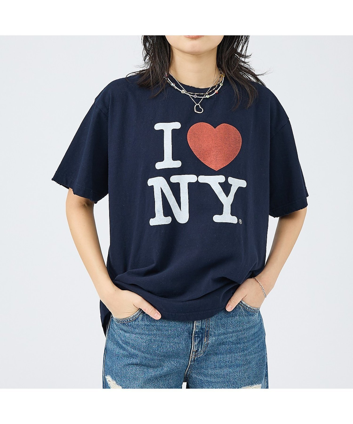 【ルージュヴィフラクレ/Rouge vif la cle】の【JOHNBULL/ジョンブル】I LOVE NY Tシャツ/コットン【WEB限 インテリア・キッズ・メンズ・レディースファッション・服の通販 founy(ファウニー) 　ファッション　Fashion　レディースファッション　Fashion for Women　トップス・カットソー　Cut & Sew Tops　シャツ・ブラウス・オフィスカジュアル　Elegant Blouses & Button-Ups　ロングTシャツ・Tシャツ　Longline T-Shirts & Tees　ジーンズ　Jeans, Denim Pants　ダメージ　Distressed, Destroyed　デニム　Denim, Jeans Material　ニューヨーク　New York, NYC Style　リアル　Real, Realistic　ワーク　Workwear, Utility Style　ネイビー|ID: prp329100004981544 ipo3291000000037323096
