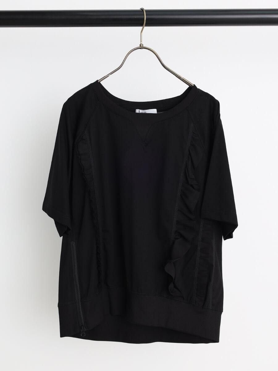 【ラシュッド/LASUD】のフリルドッキングハーフスリーブカットソー インテリア・キッズ・メンズ・レディースファッション・服の通販 founy(ファウニー) 　ファッション　Fashion　レディースファッション　Fashion for Women　トップス・カットソー　Cut & Sew Tops　カットソー・ベーシックTシャツ　Cut-and-Sewn Tops / Stretch Tees & Basics　おすすめ　Recommended / Our Picks　カットソー　Cut and Sewn Top　ジップ　Zip, Zipper　スリーブ　Sleeve, Long Sleeve / Short Sleeve　チュール　Tulip, Tulip Motif　デニム　Denim, Jeans Material　ハーフ　Half, Half-Length　フリル　Frill, Ruffle　プリーツ　Pleats, Pleated　ミックス　Mix, Mixed Style　ブラック|ID: prp329100004981584 ipo3291000000037323199