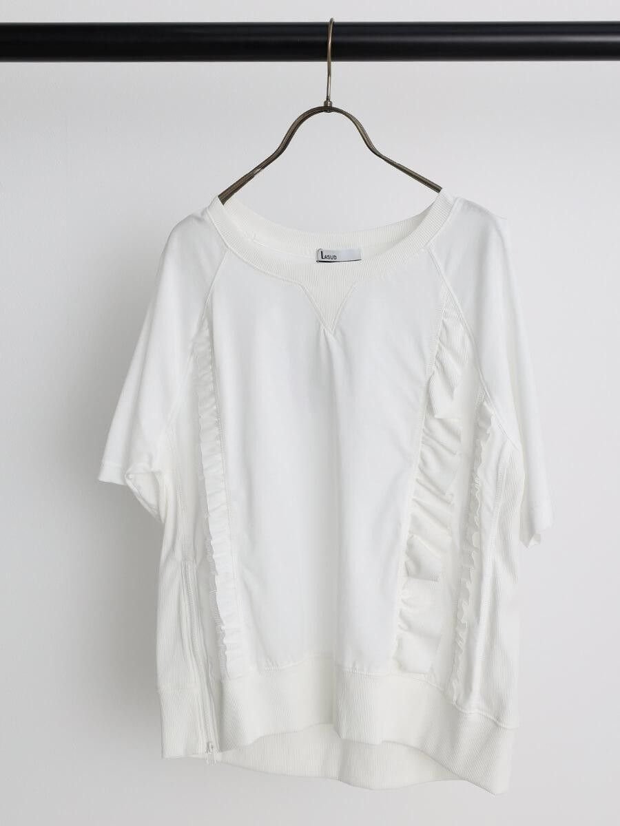 【ラシュッド/LASUD】のフリルドッキングハーフスリーブカットソー インテリア・キッズ・メンズ・レディースファッション・服の通販 founy(ファウニー) 　ファッション　Fashion　レディースファッション　Fashion for Women　トップス・カットソー　Cut & Sew Tops　カットソー・ベーシックTシャツ　Cut-and-Sewn Tops / Stretch Tees & Basics　おすすめ　Recommended / Our Picks　カットソー　Cut and Sewn Top　ジップ　Zip, Zipper　スリーブ　Sleeve, Long Sleeve / Short Sleeve　チュール　Tulip, Tulip Motif　デニム　Denim, Jeans Material　ハーフ　Half, Half-Length　フリル　Frill, Ruffle　プリーツ　Pleats, Pleated　ミックス　Mix, Mixed Style　アイボリー|ID: prp329100004981584 ipo3291000000037323200