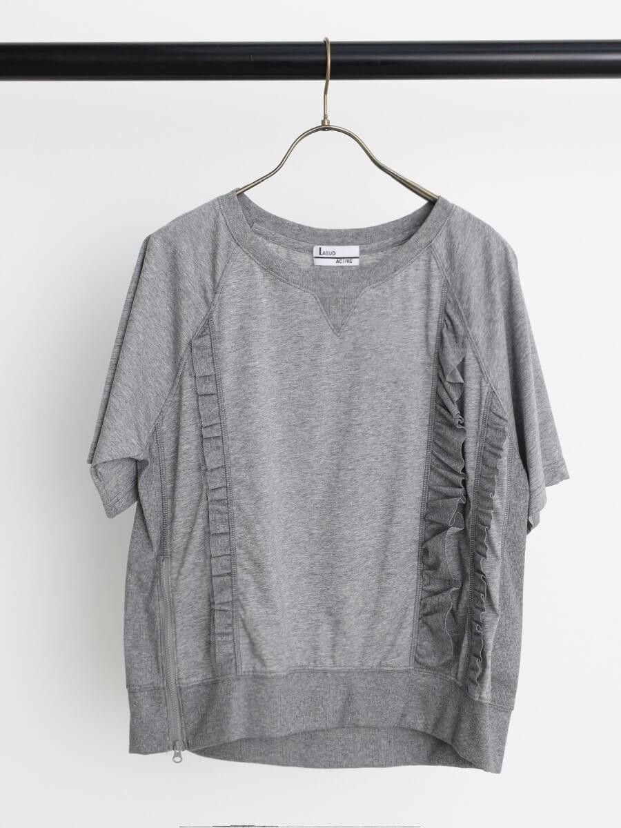 【ラシュッド/LASUD】のフリルドッキングハーフスリーブカットソー インテリア・キッズ・メンズ・レディースファッション・服の通販 founy(ファウニー) 　ファッション　Fashion　レディースファッション　Fashion for Women　トップス・カットソー　Cut & Sew Tops　カットソー・ベーシックTシャツ　Cut-and-Sewn Tops / Stretch Tees & Basics　おすすめ　Recommended / Our Picks　カットソー　Cut and Sewn Top　ジップ　Zip, Zipper　スリーブ　Sleeve, Long Sleeve / Short Sleeve　チュール　Tulip, Tulip Motif　デニム　Denim, Jeans Material　ハーフ　Half, Half-Length　フリル　Frill, Ruffle　プリーツ　Pleats, Pleated　ミックス　Mix, Mixed Style　ライトグレー|ID: prp329100004981584 ipo3291000000037323201