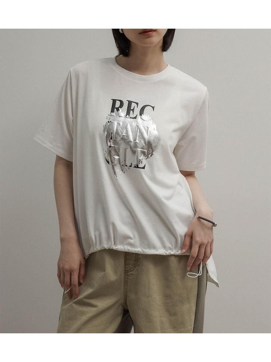 【ラシュッド/LASUD】のドロストヘム箔ロゴTシャツ インテリア・キッズ・メンズ・レディースファッション・服の通販 founy(ファウニー) 　ファッション　Fashion　レディースファッション　Fashion for Women　トップス・カットソー　Cut & Sew Tops　シャツ・ブラウス・オフィスカジュアル　Elegant Blouses & Button-Ups　ロングTシャツ・Tシャツ　Longline T-Shirts & Tees　ドレープ　Drape, Draping Fabric　ドローコード　Drawcord, Drawstring Cord　プリント　Print, Printed Pattern　エレガント 上品　Elegant　オフホワイト|ID: prp329100004981585 ipo3291000000037323204