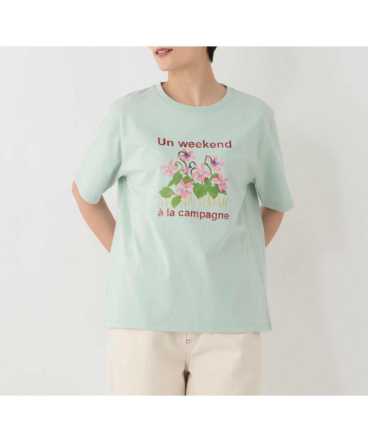 【アフタヌーンティー リビング/Afternoon Tea LIVING】のプリントTシャツ/FLOWER インテリア・キッズ・メンズ・レディースファッション・服の通販 founy(ファウニー) 　ファッション　Fashion　レディースファッション　Fashion for Women　トップス・カットソー　Cut & Sew Tops　シャツ・ブラウス・オフィスカジュアル　Elegant Blouses & Button-Ups　ロングTシャツ・Tシャツ　Longline T-Shirts & Tees　インナー　Innerwear　プリント　Print, Printed Pattern　ベーシック　Basic, Essential　ライトグリーン|ID: prp329100004981634 ipo3291000000037323399