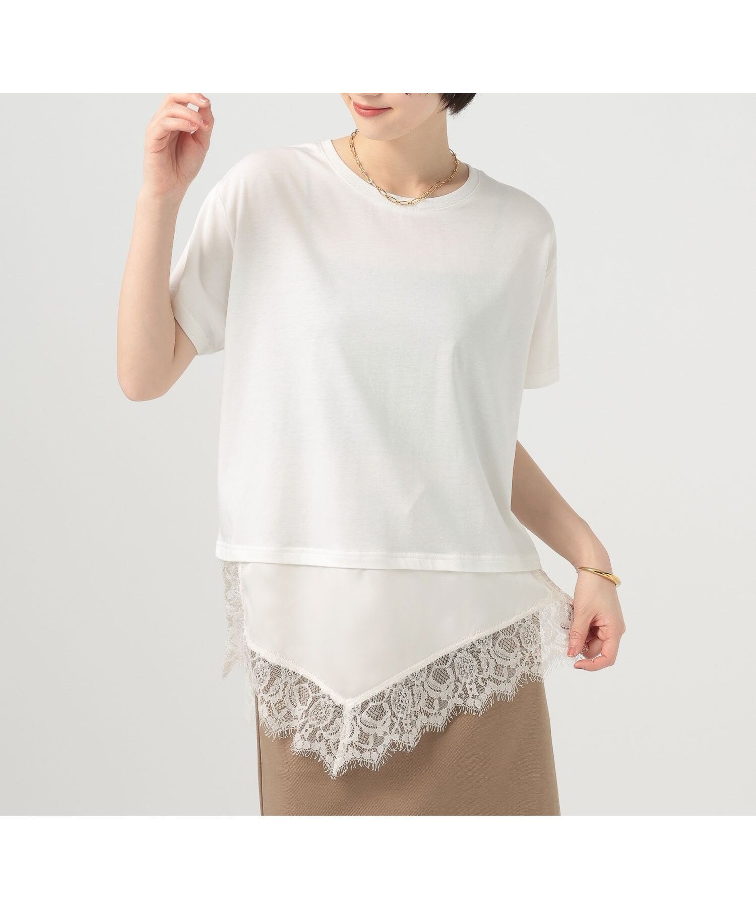 【ベイフロー/BAYFLOW】のアシメレースヘム半袖Tシャツ インテリア・キッズ・メンズ・レディースファッション・服の通販 founy(ファウニー) 　ファッション　Fashion　レディースファッション　Fashion for Women　トップス・カットソー　Cut & Sew Tops　シャツ・ブラウス・オフィスカジュアル　Elegant Blouses & Button-Ups　ロングTシャツ・Tシャツ　Longline T-Shirts & Tees　おすすめ　Recommended / Our Picks　サテン　Satin, Glossy Fabric　スリム　Slim, Slim Fit　トレンド　Trend, Trending Now　ドッキング　Docking, Mixed Material　バランス　Balance, Style Balance　レース　Lace, Lace Fabric　ワイド　Wide, Wide Fit　半袖　Short Sleeve, Half Sleeve　夏　Summer　楽ちん　Easy Fit, Comfortable　オフ11|ID: prp329100004981648 ipo3291000000037323459